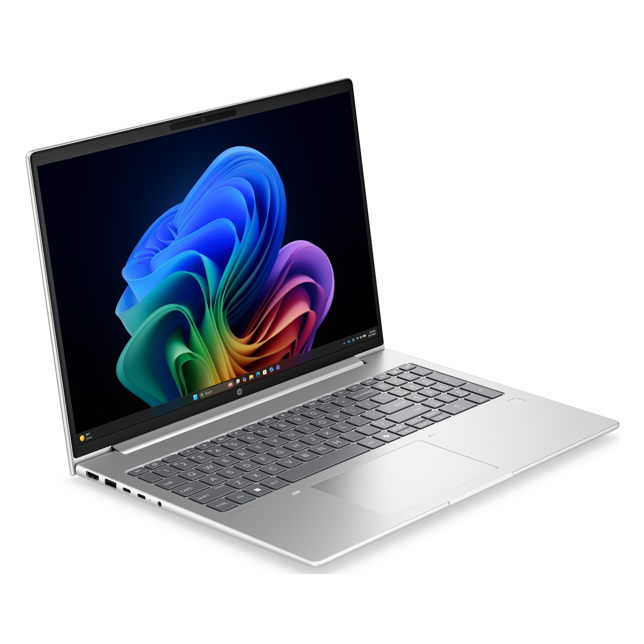 Un laptop argentato con uno sfondo colorato sullo schermo.