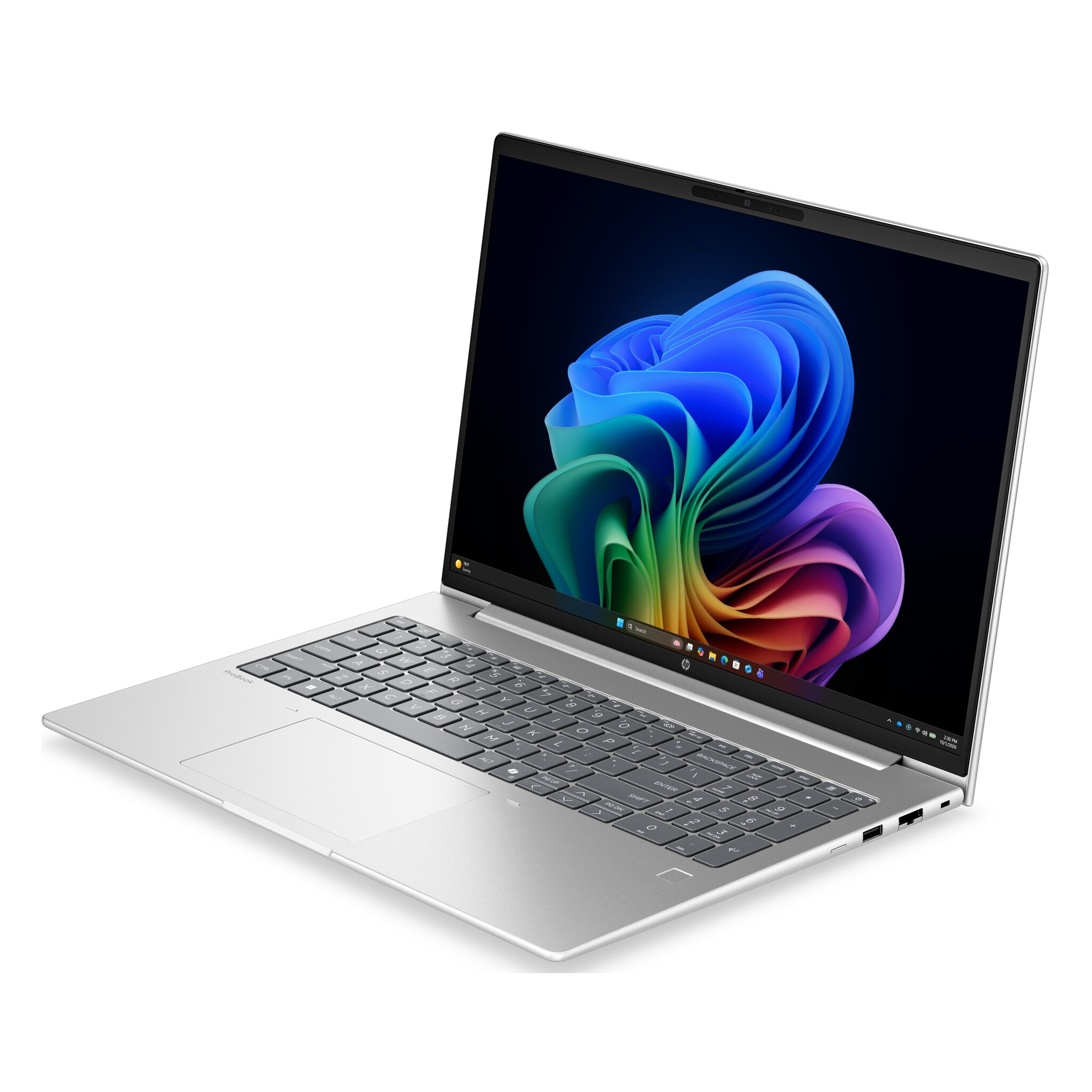 Un laptop argentato con uno sfondo colorato sul display.