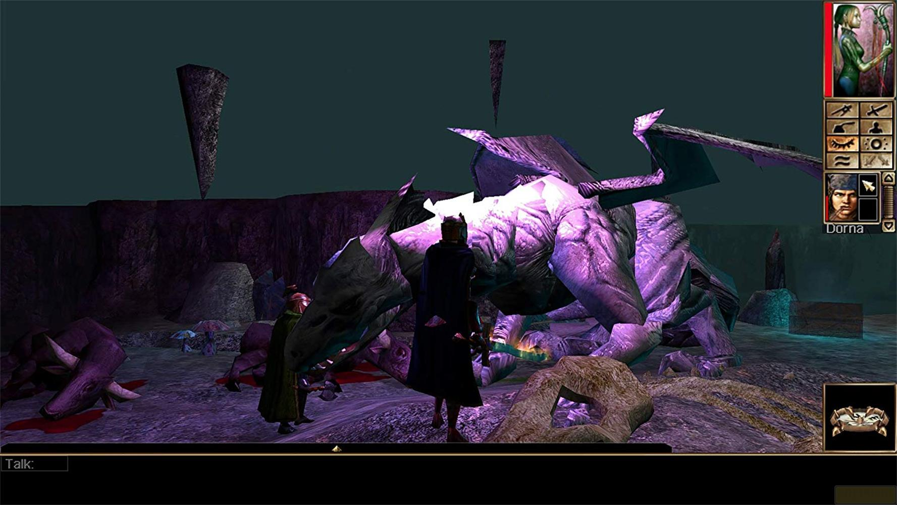 Ein lila Drache liegt am Boden, während zwei Gestalten daneben stehen.