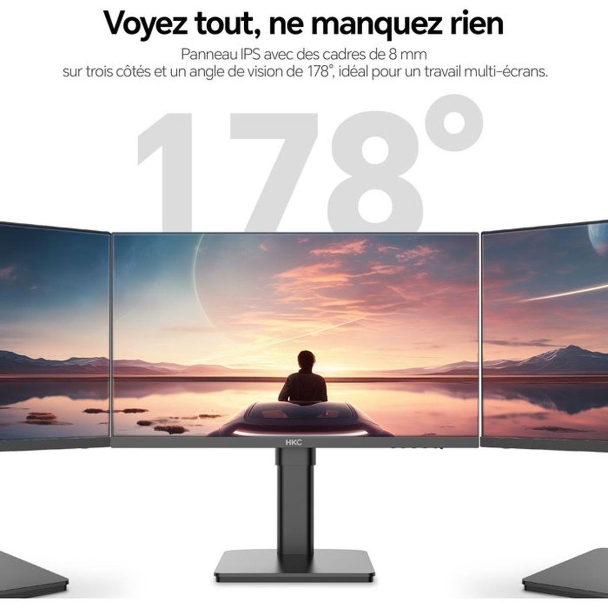 Tre monitor con angolo di visione di 178° mostrano un paesaggio con persona.