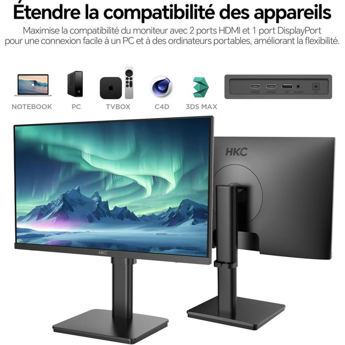 Due monitor HKC con aurore boreali e porte. Supporta notebook, PC, TV box.