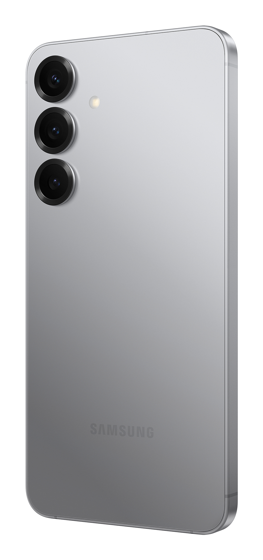 Retro di uno smartphone Samsung argento con tre fotocamere e flash.