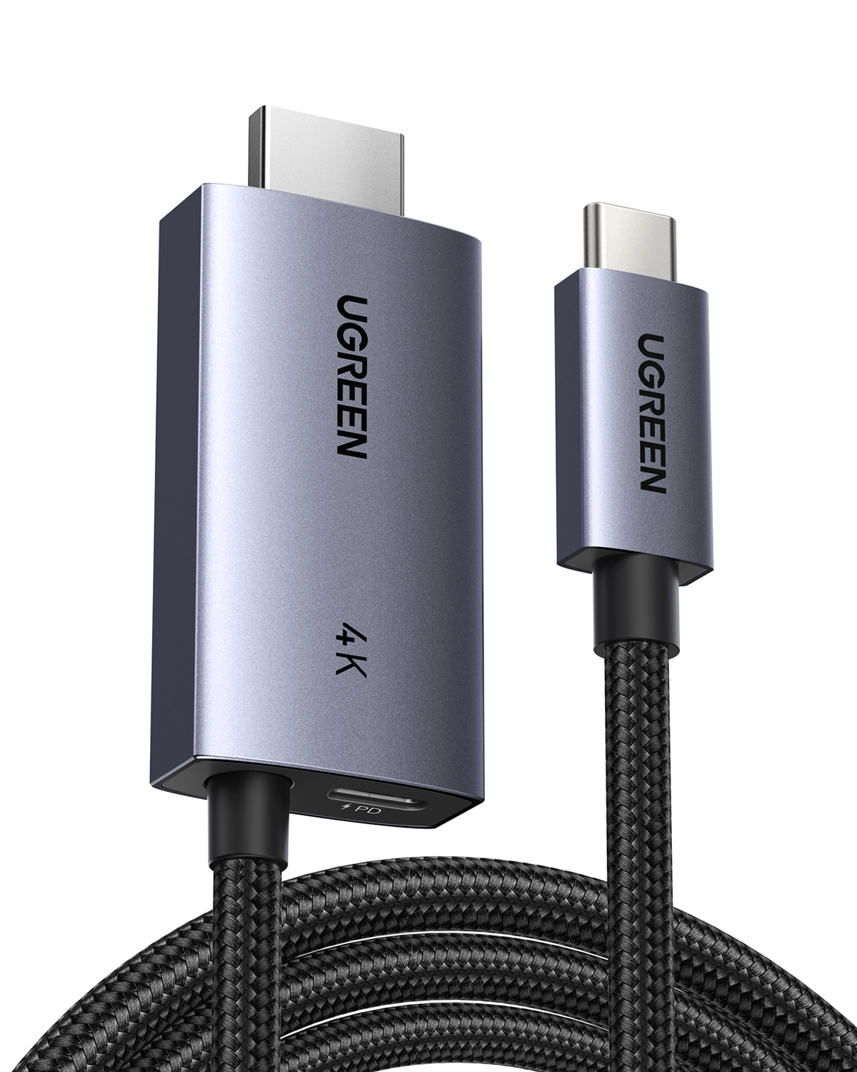 Tek HDMI ve USB-C bağlantı noktasına sahip gri UGREEN USB-C - HDMI adaptörü.