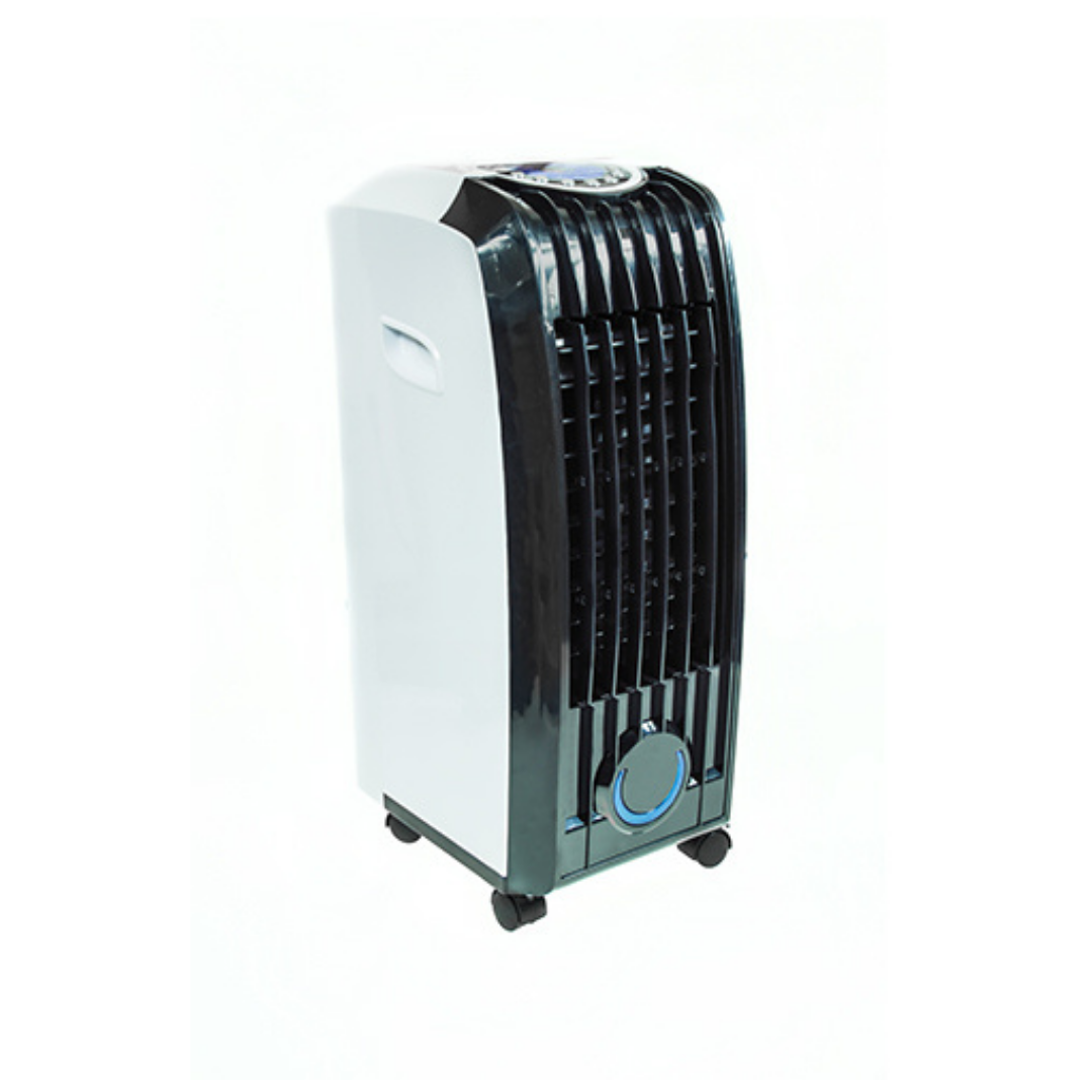 Ein weißer Turmventilator mit schwarzen Lüftungsschlitzen und Rädern.