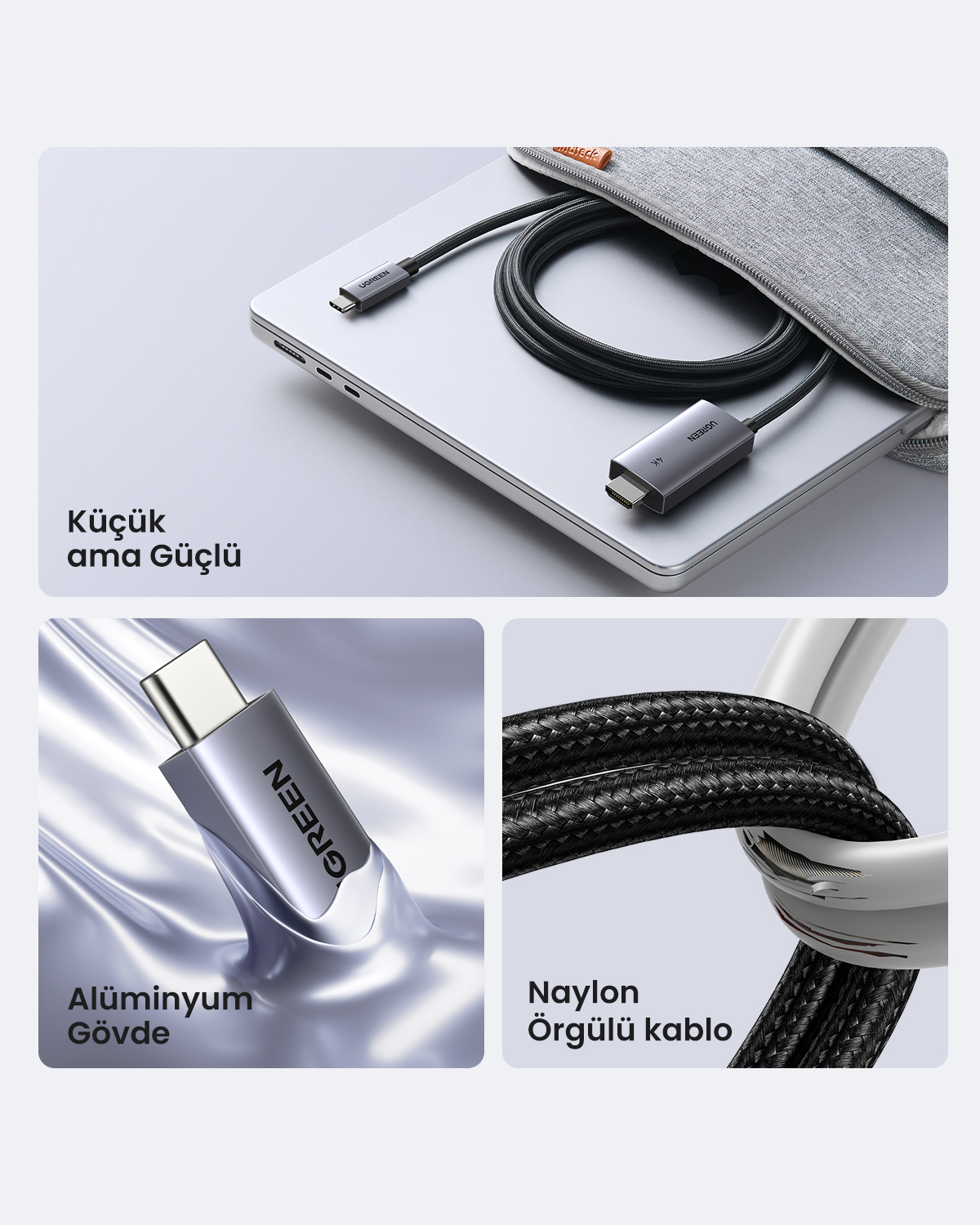 Gri USB-C - HDMI kablosu dizüstü bilgisayar üzerinde, alüminyum konektör ve örgülü kablo yakın çekimleri.