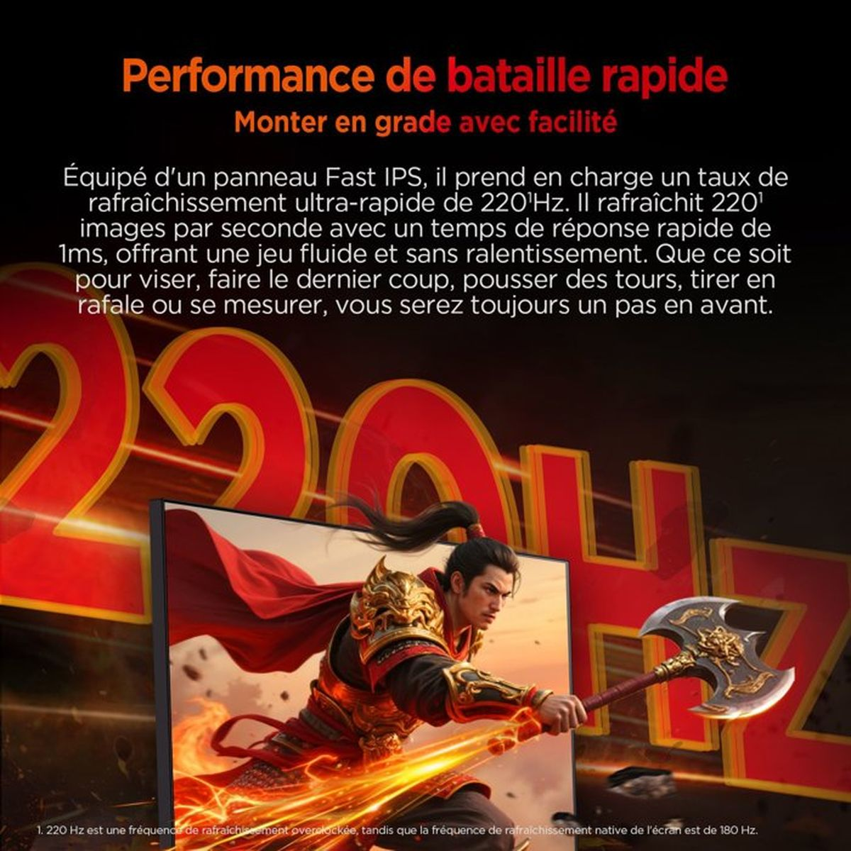 Monitor da gioco con grafica guerriero e testo "220 Hz".