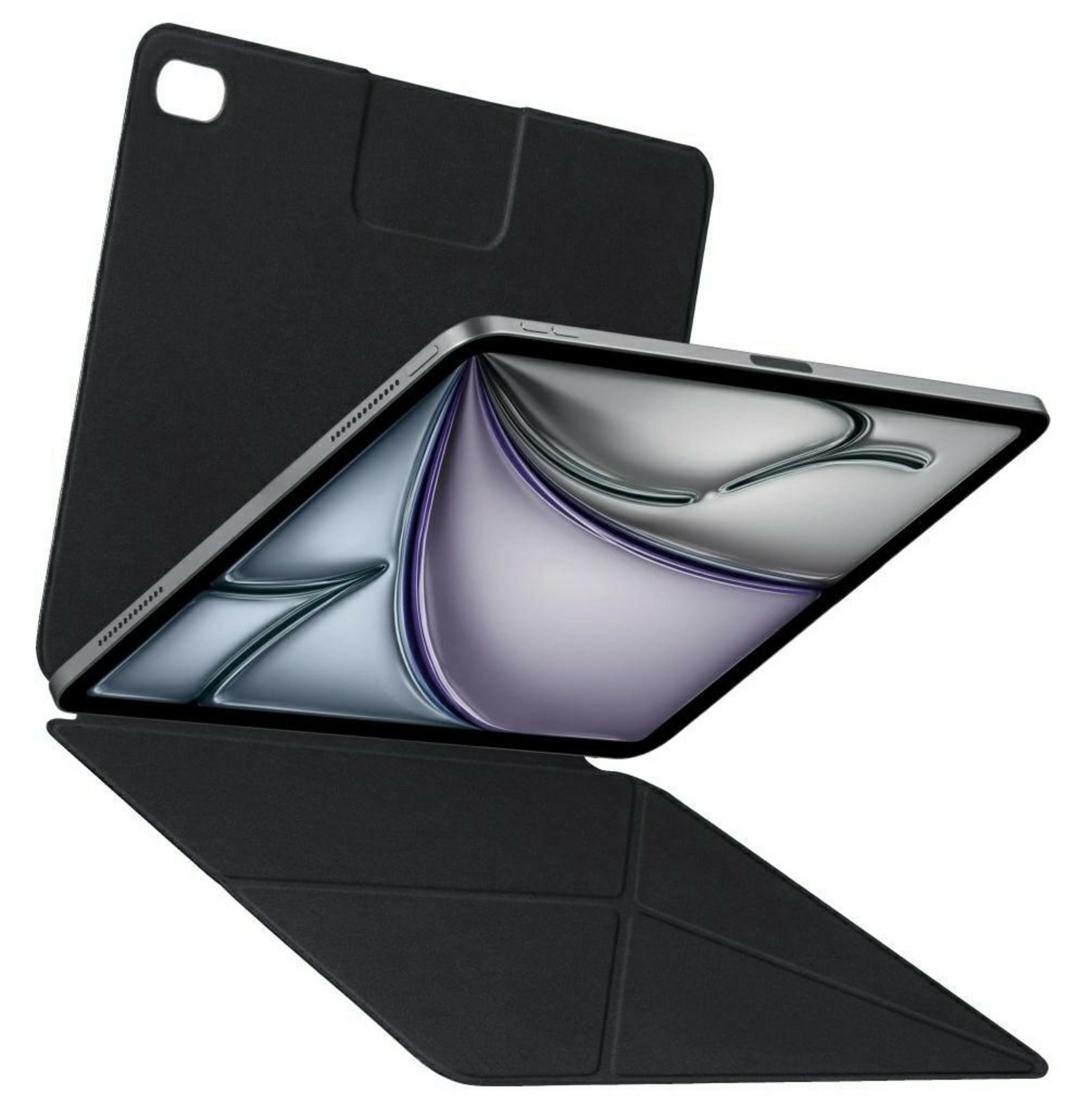 Ein schwarzes Tablet mit einem aufgeschlagenen Cover, das auf einem weißen Hintergrund schwebt.