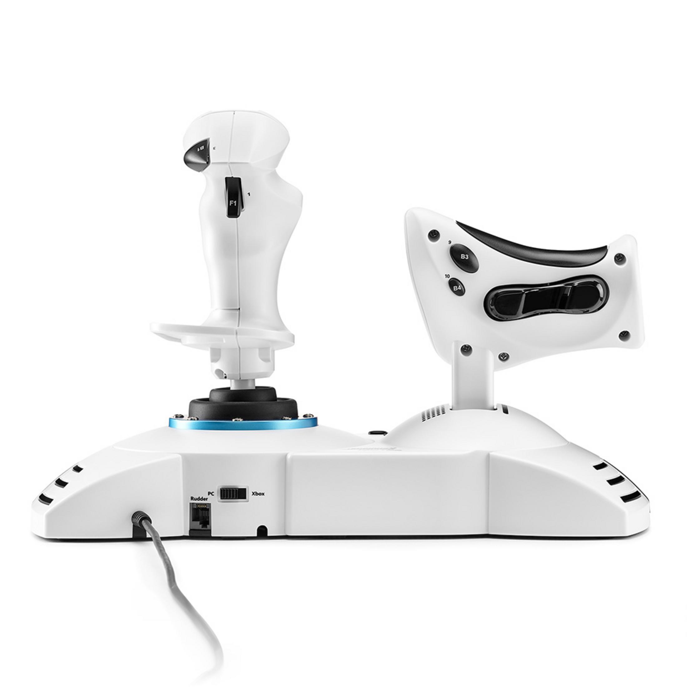 Biały joystick z dwoma drążkami sterującymi i podstawą z przyciskami i przełącznikami.