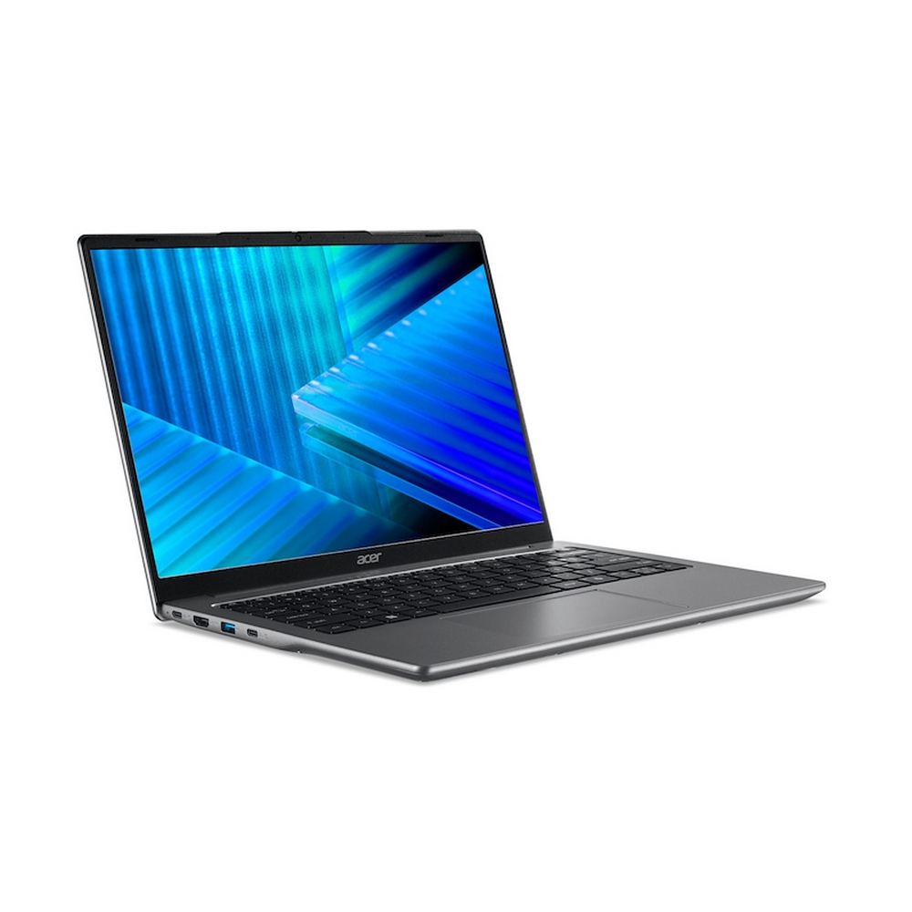 Un laptop argentato con il coperchio aperto, che mostra la tastiera e uno sfondo blu.