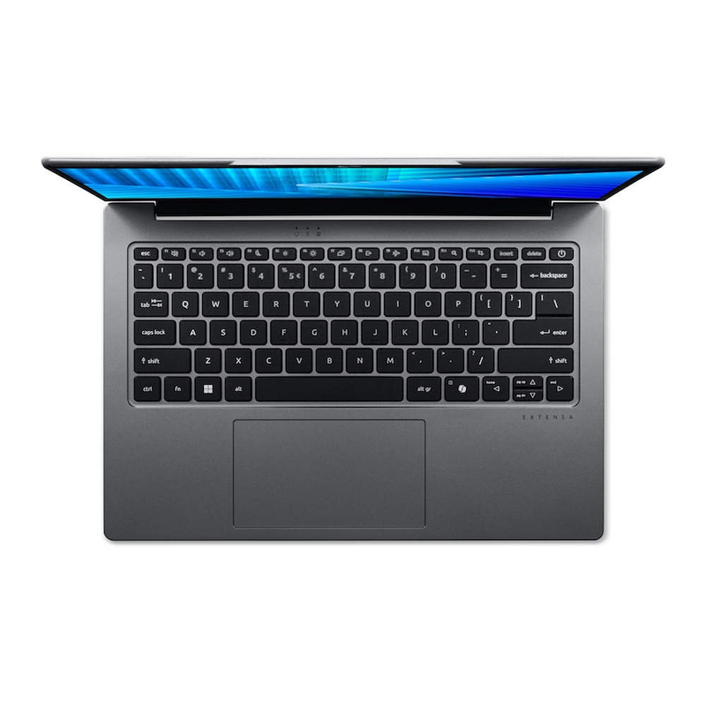 Un laptop grigio scuro aperto con schermo blu e tastiera nera, visto dall'alto.