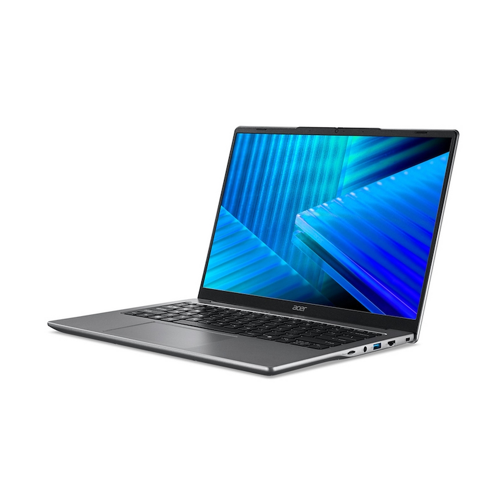 Un laptop argentato chiuso su sfondo bianco, che mostra uno sfondo blu.