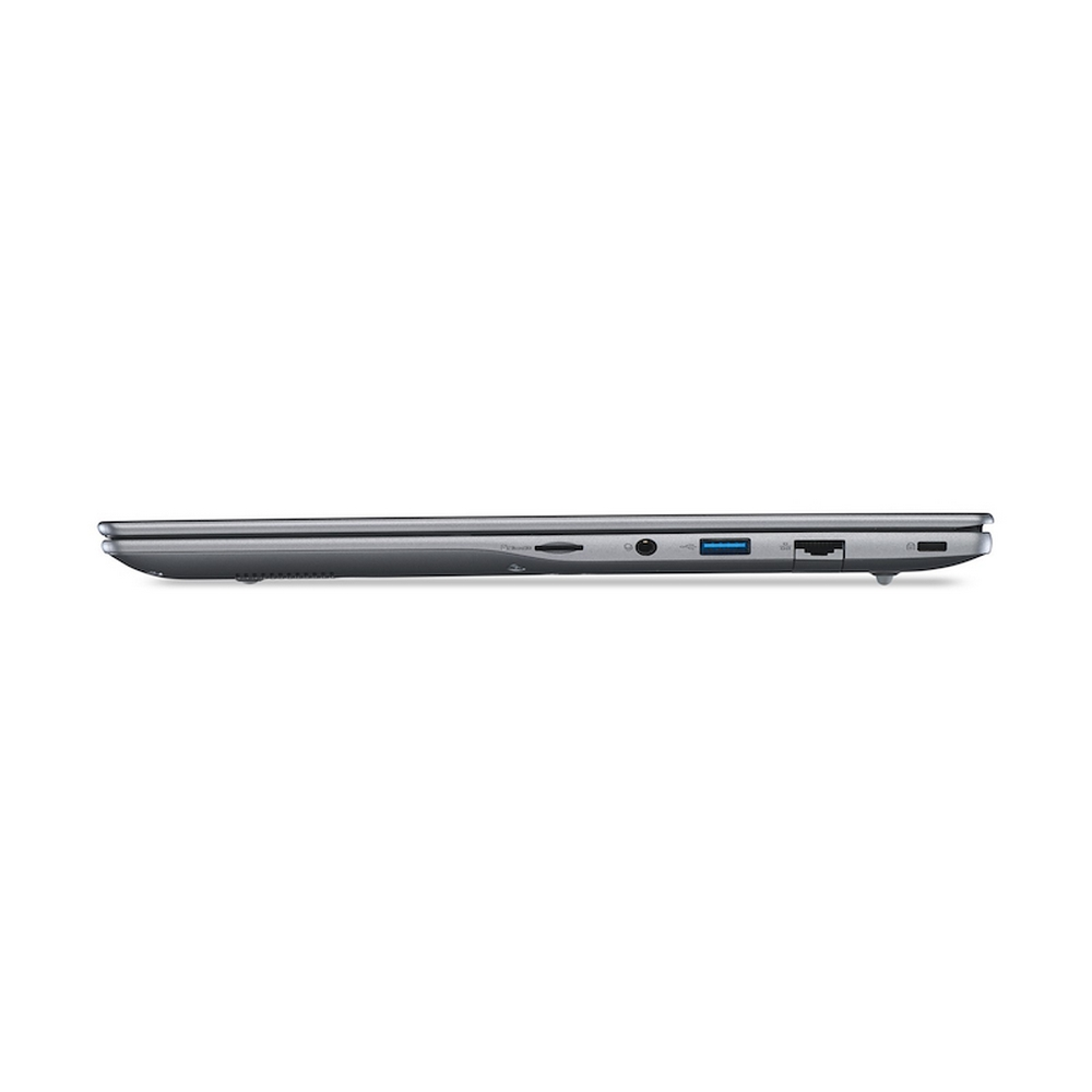 Vista laterale di un laptop argento che mostra porte come USB e lettore di schede SD.