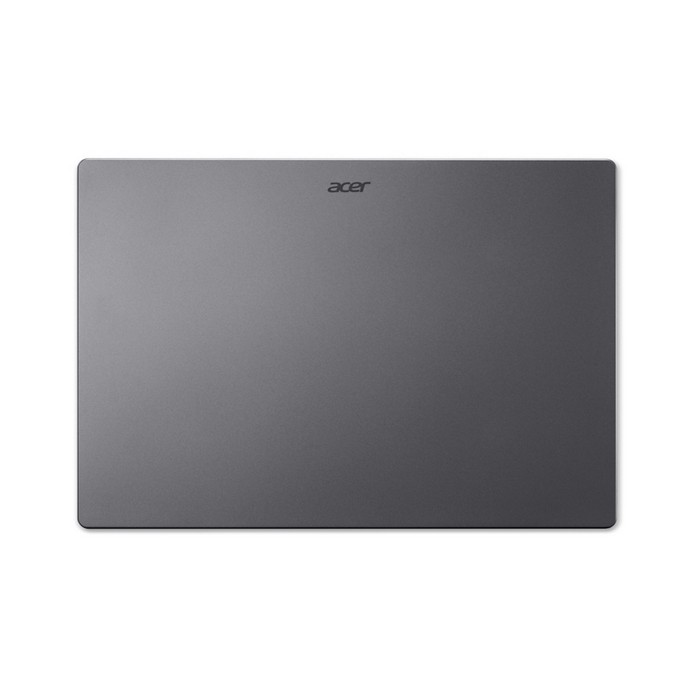 Laptop Acer grigio chiuso visto dall'alto. Design minimalista.