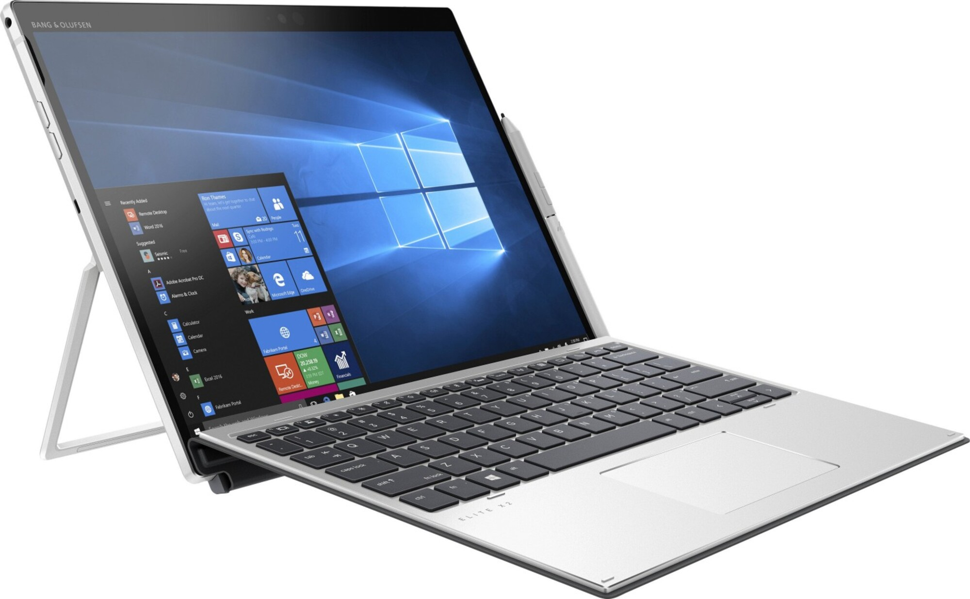 Silbernes HP Elite x2 abnehmbares Laptop mit Tastatur und Stift auf weißem Hintergrund.