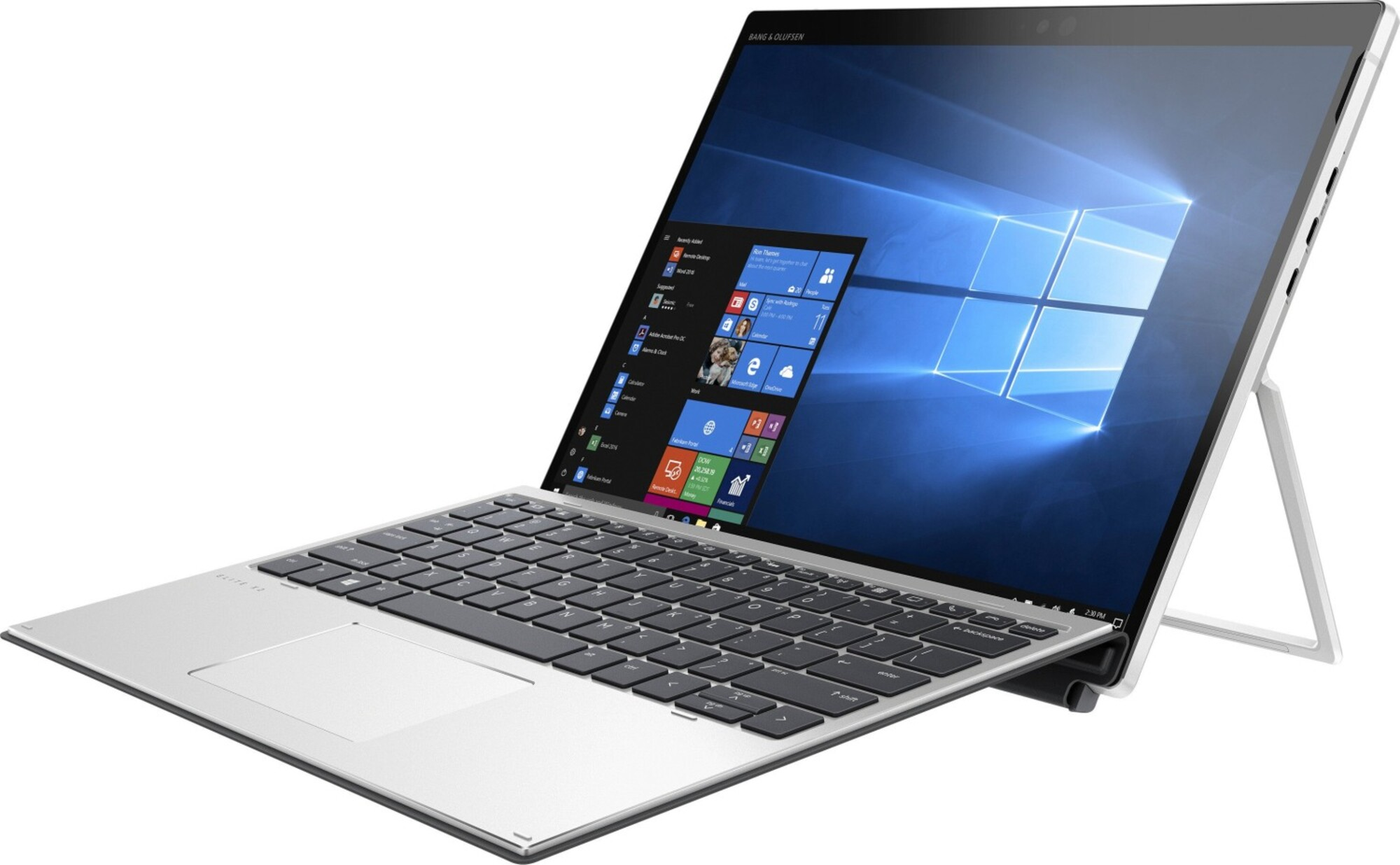 Ein silberner Laptop mit angeschlossener Tastatur und einem hellblauen Bildschirm.