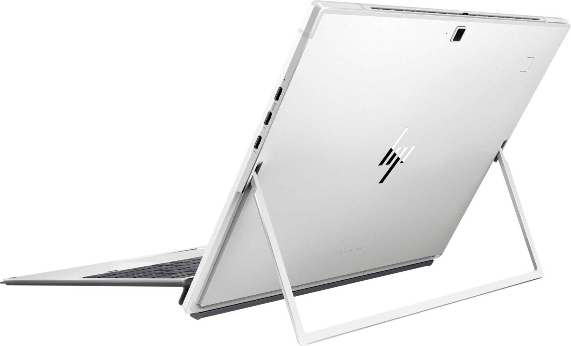 Ein weißes HP Elite x2 Tablet mit Tastatur und Ständer wird schräg gezeigt.