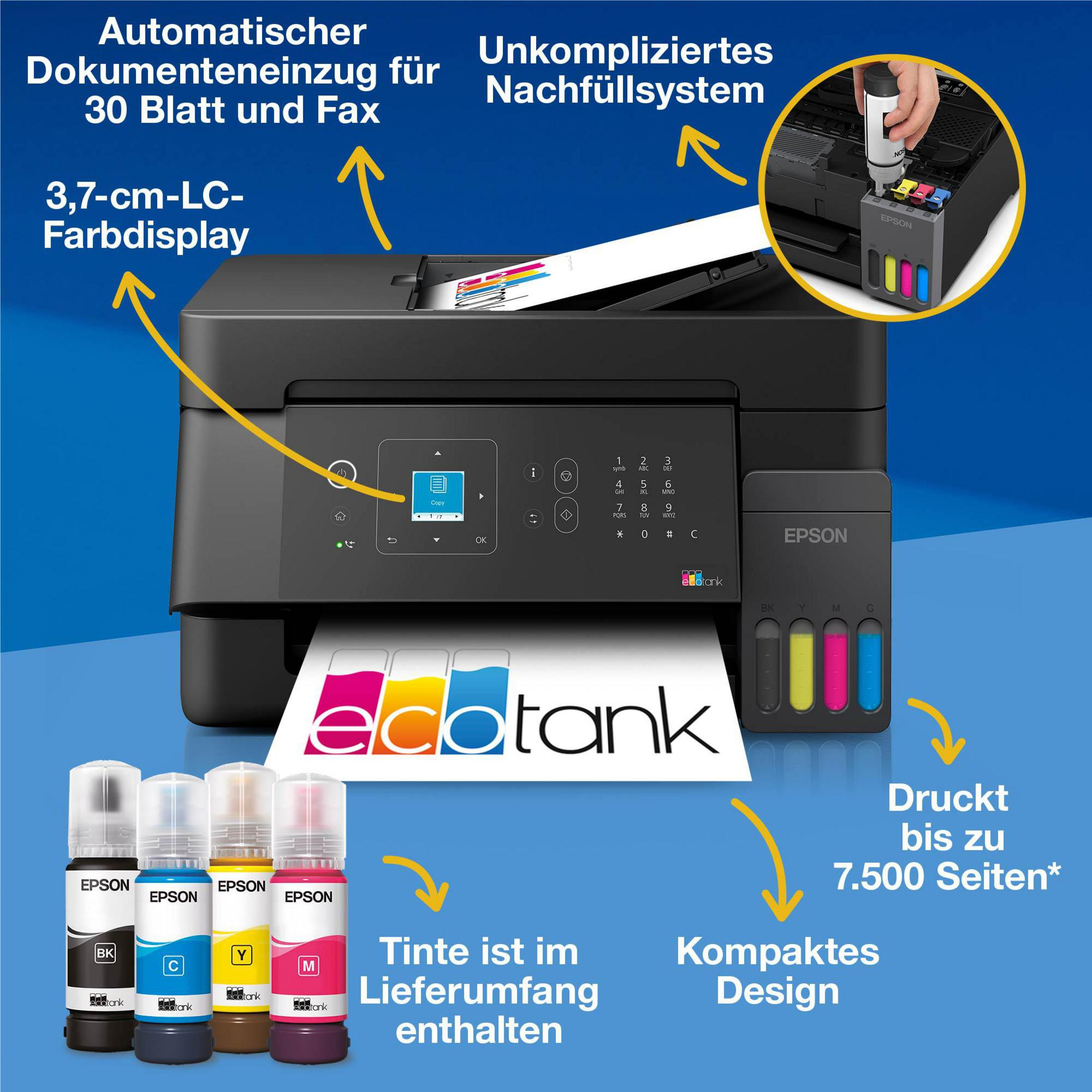 Stampante Epson EcoTank con alimentatore automatico documenti, display a colori e sistema di ricarica inchiostro.