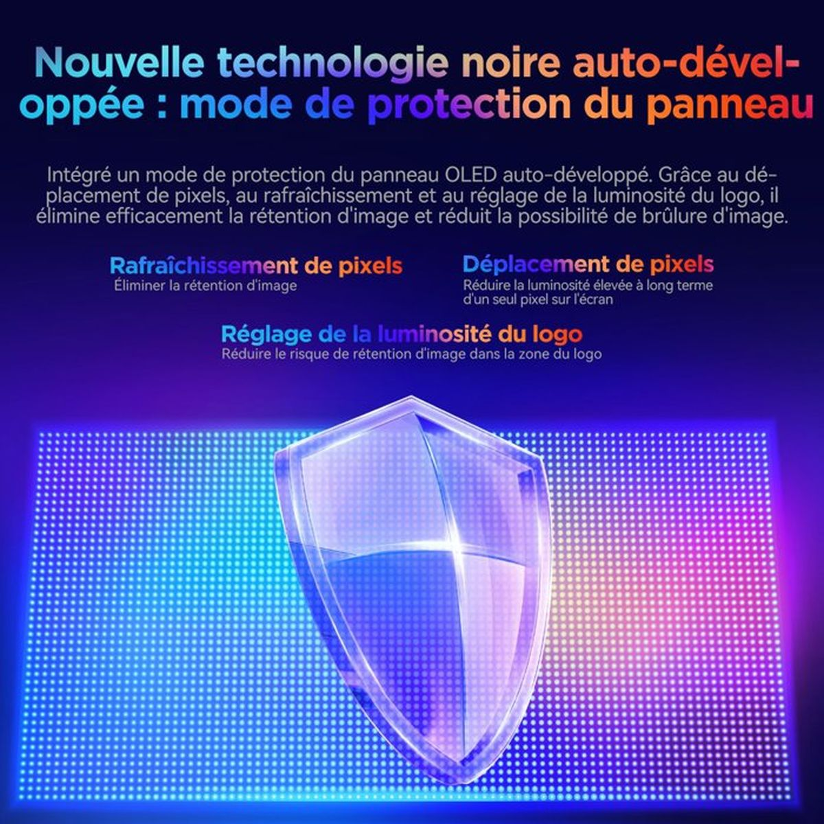 Un'icona a scudo su sfondo di pixel illuminati con testo sulla tecnologia OLED.