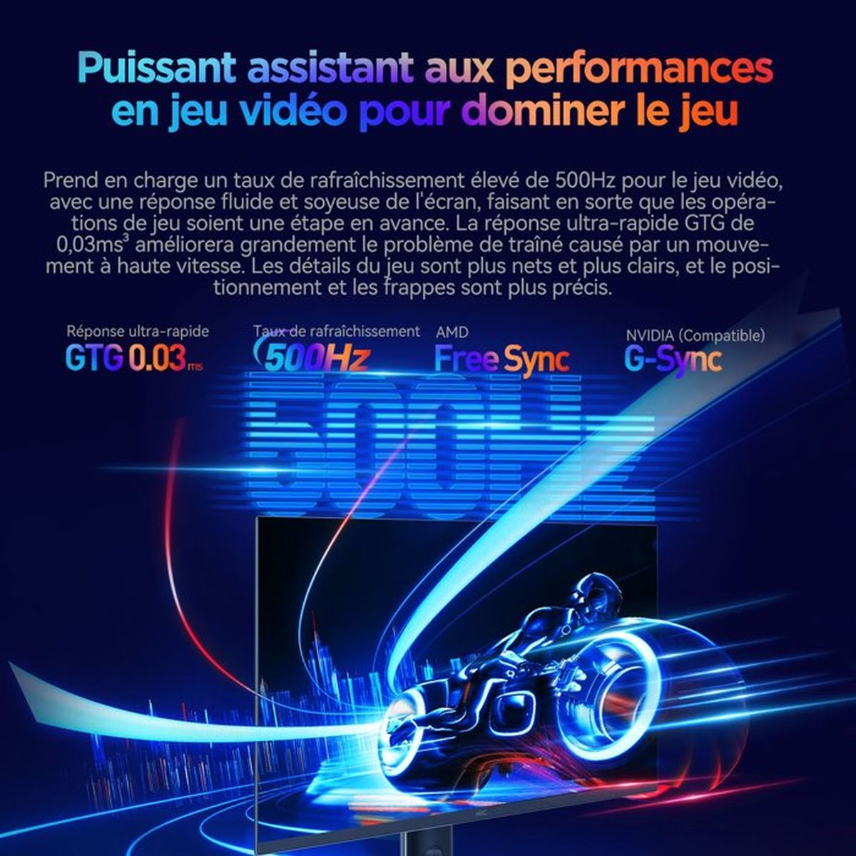 Un corridore motociclistico futuristico davanti a un monitor che mostra 500Hz, GTG 0,03ms, Free Sync e G-Sync.