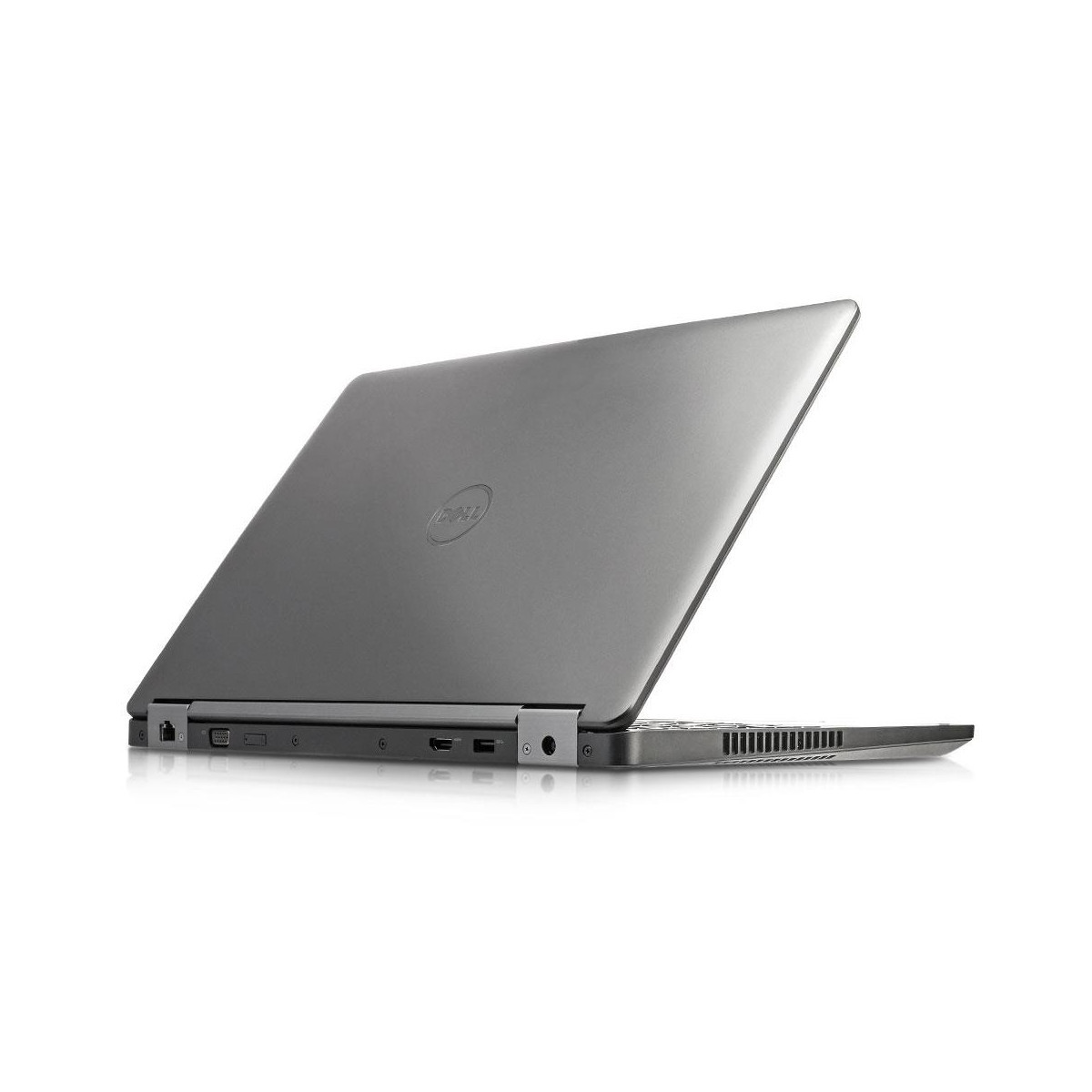 Grauer Dell Laptop, teilweise geöffnet, mit Anschlüssen an der Seite.