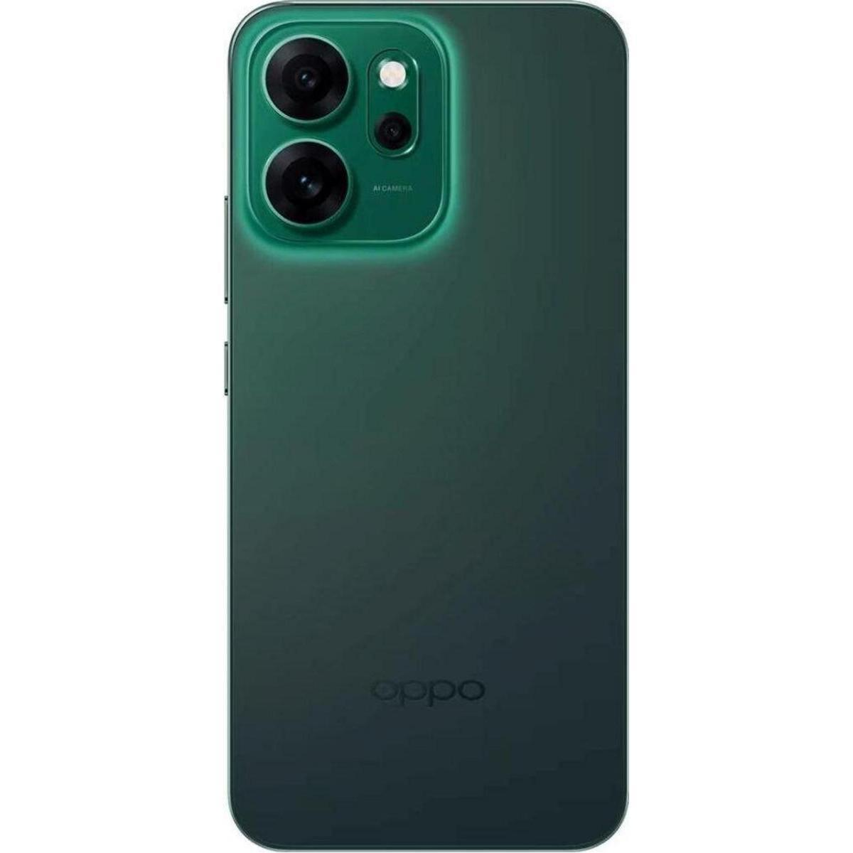 Teléfono inteligente verde oscuro con cámara triple y logo Oppo.