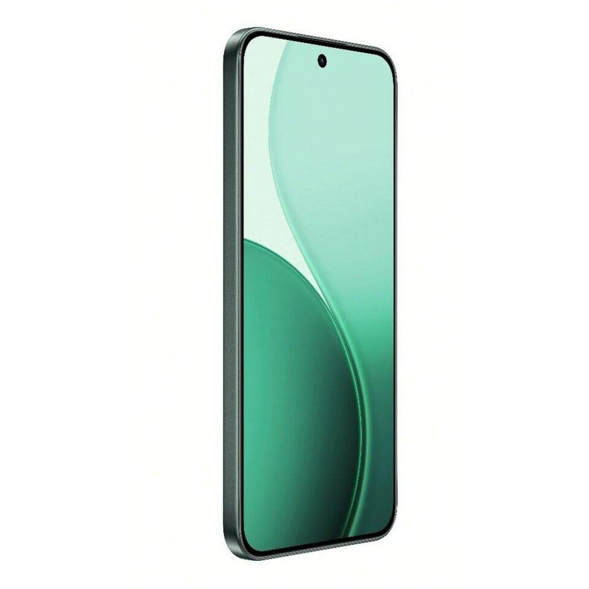 Un smartphone delgado con marco oscuro y fondo verde.