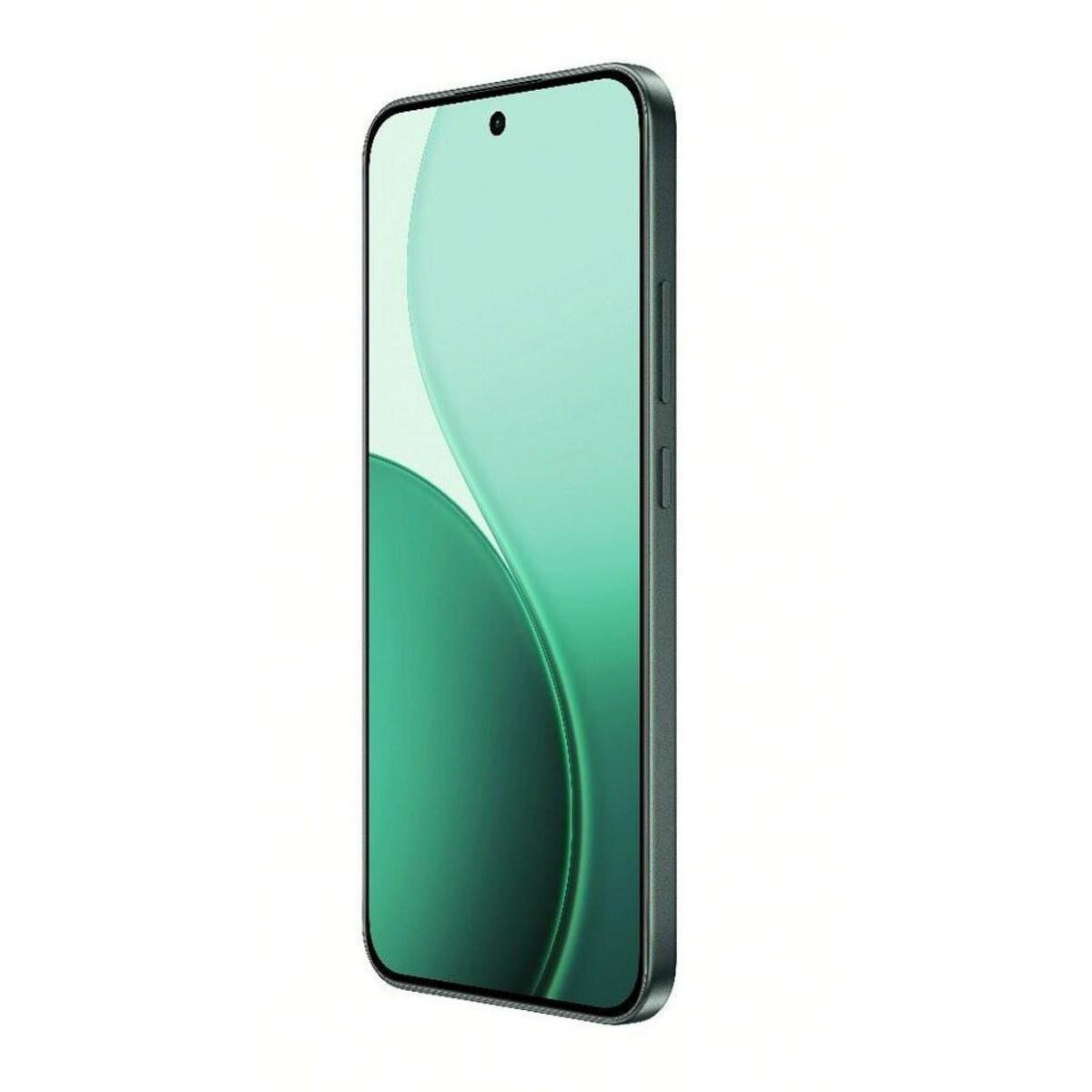 Un smartphone gris mostrado en una pantalla verde menta de fondo.