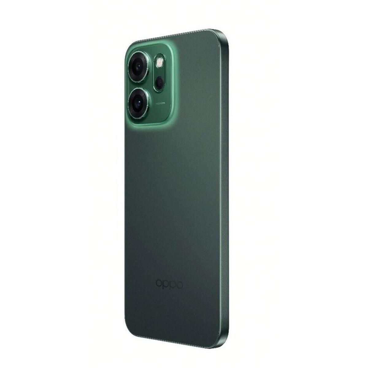 Un smartphone Oppo verde oscuro con triple cámara trasera.