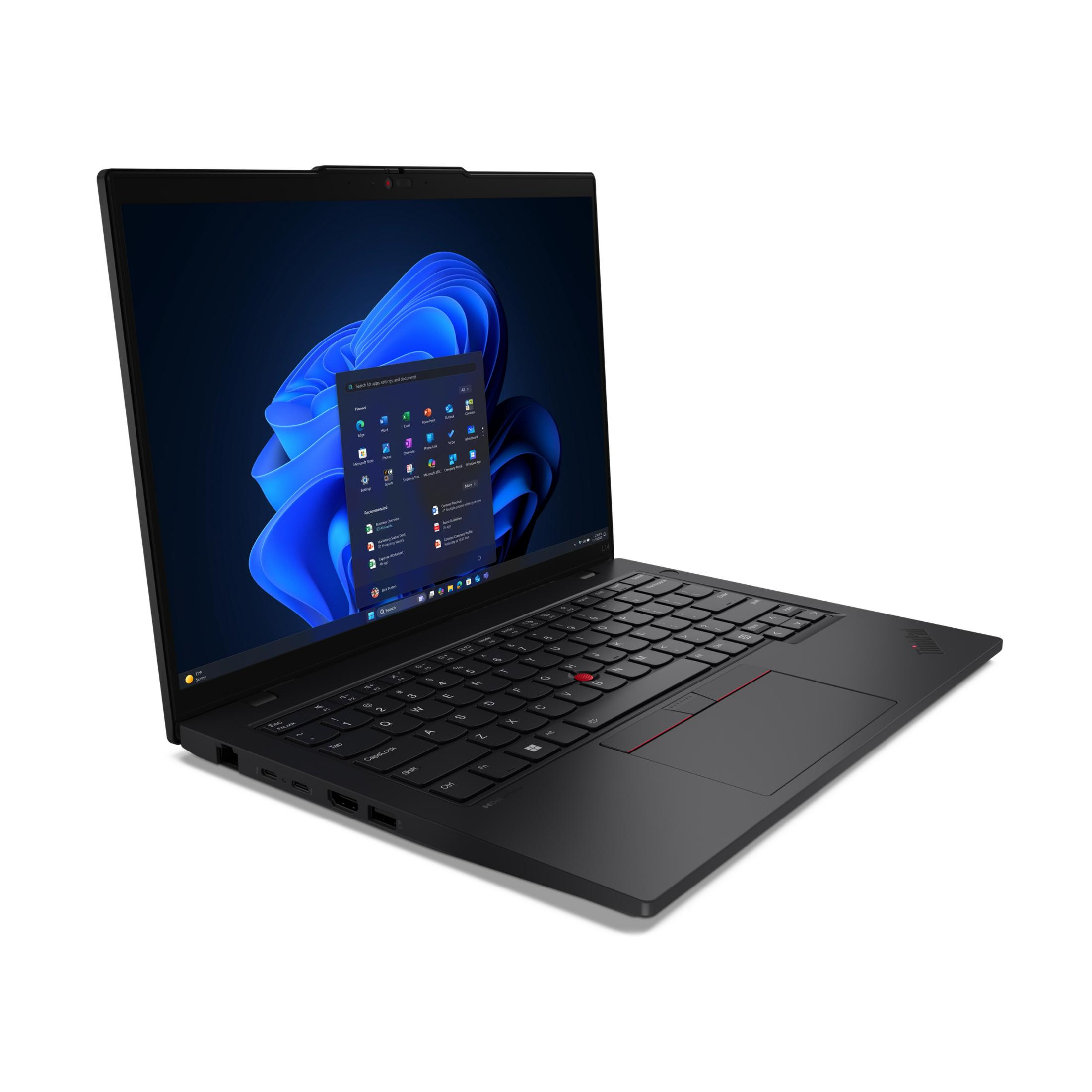 Ein schwarzer Lenovo ThinkPad Laptop ist geöffnet und zeigt ein blaues Windows 11 Hintergrundbild und eine Taskleiste.