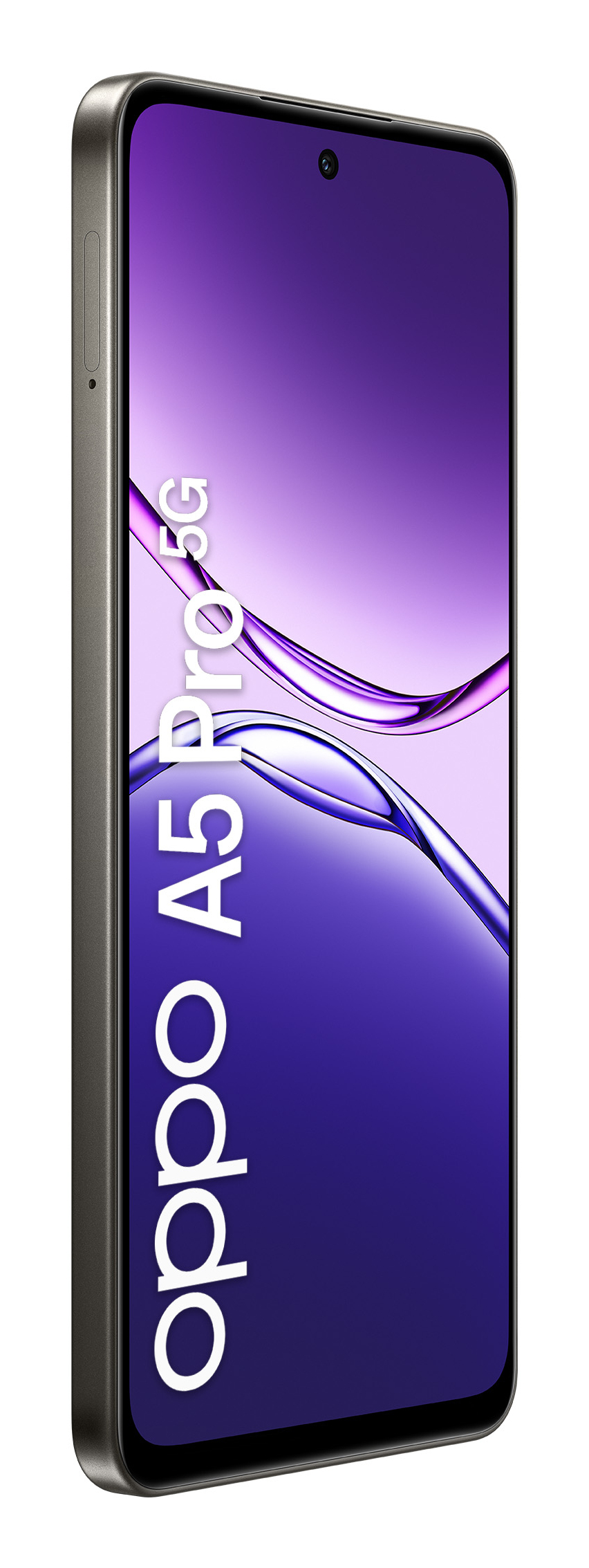 Graues Smartphone mit lila Hintergrund und Schriftzug 'oppo A5 Pro 5G'.