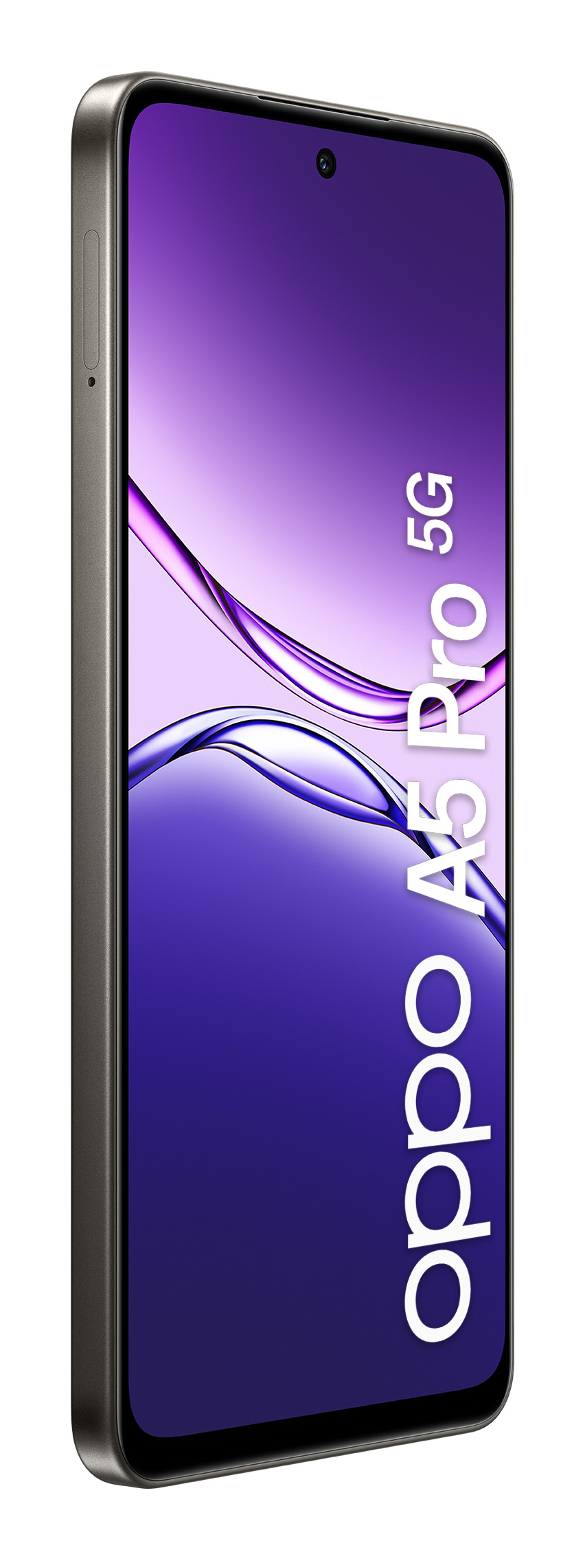 Ein graues Smartphone mit einem lila Hintergrund und dem Schriftzug "oppo A5 Pro 5G".
