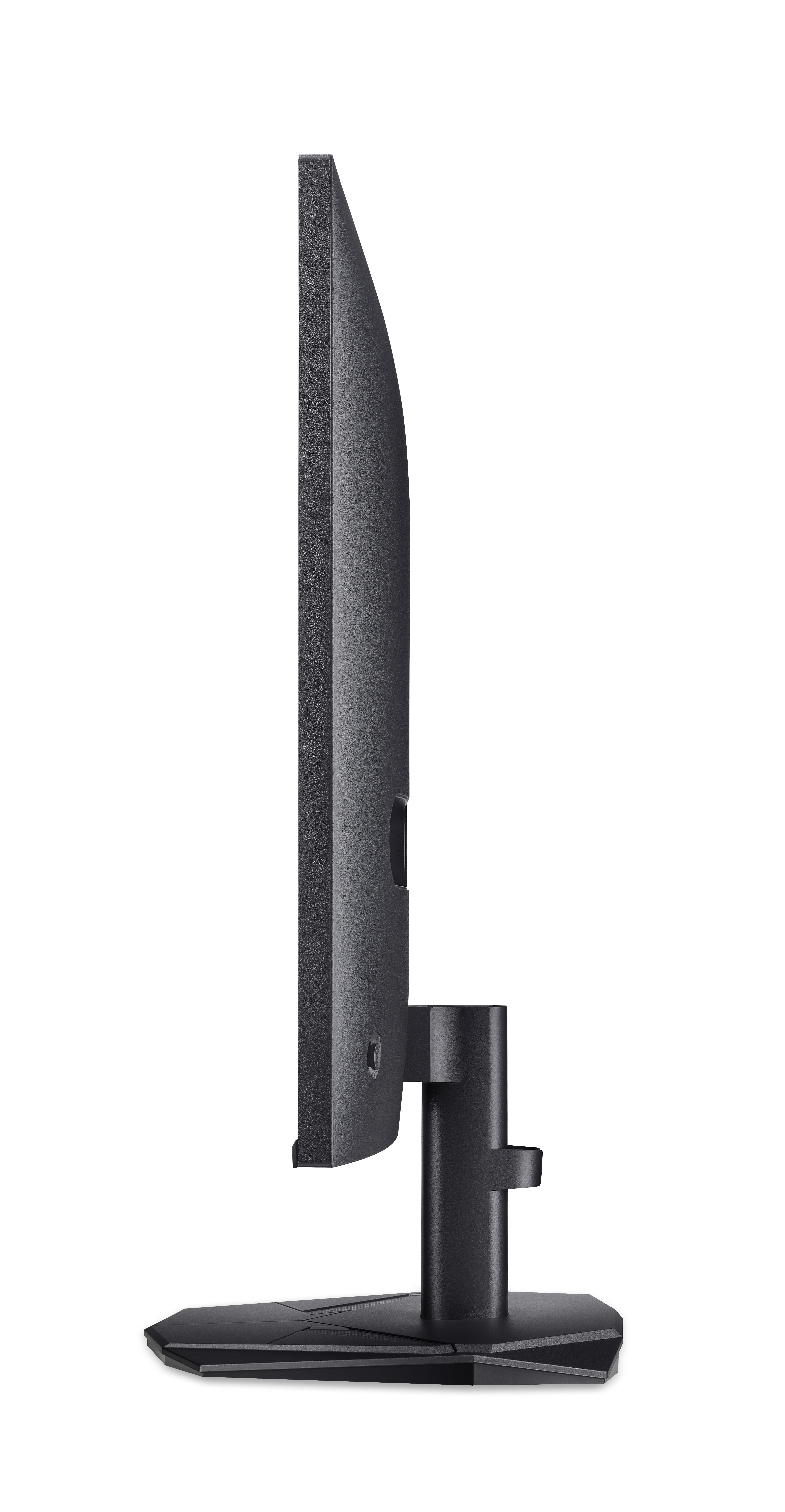 Vista laterale di un monitor nero con supporto su sfondo bianco.