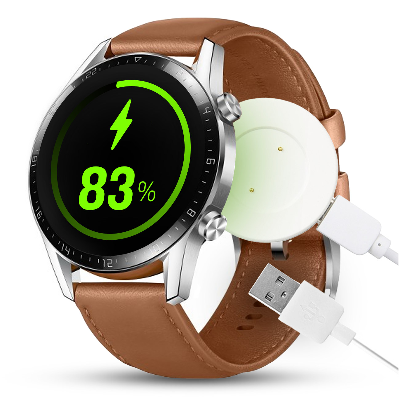 Srebrny smartwatch z brązowym skórzanym paskiem, ładuje się w 83%.