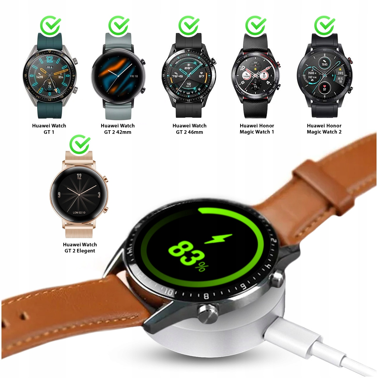Wiele smartwatchy Huawei, jeden ładuje się w 83%.