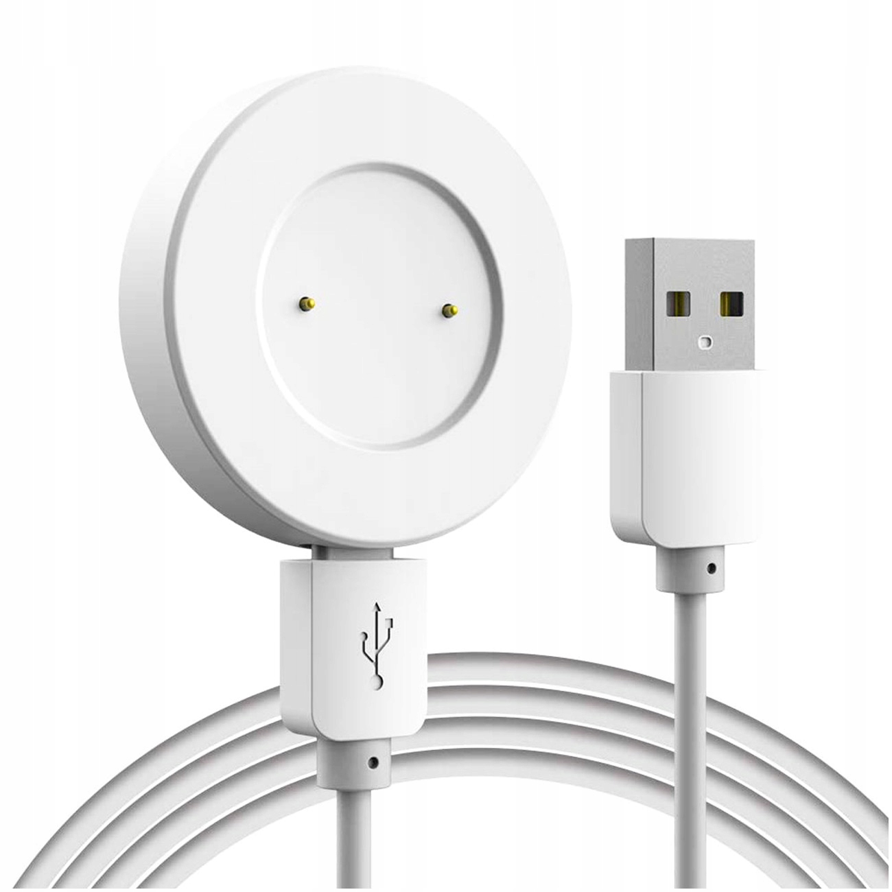 Biała ładowarka USB z magnetyczną podstawką ładującą i wtyczką USB.