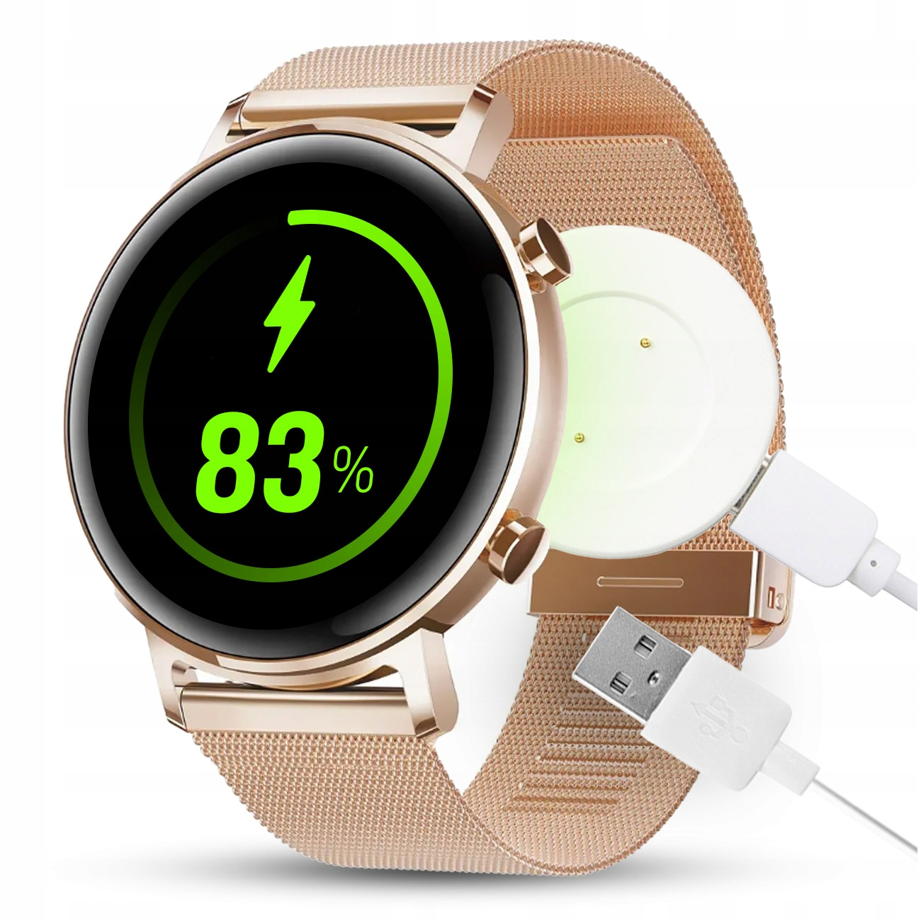 Złoty smartwatch ładuje się, pokazuje 83% baterii.