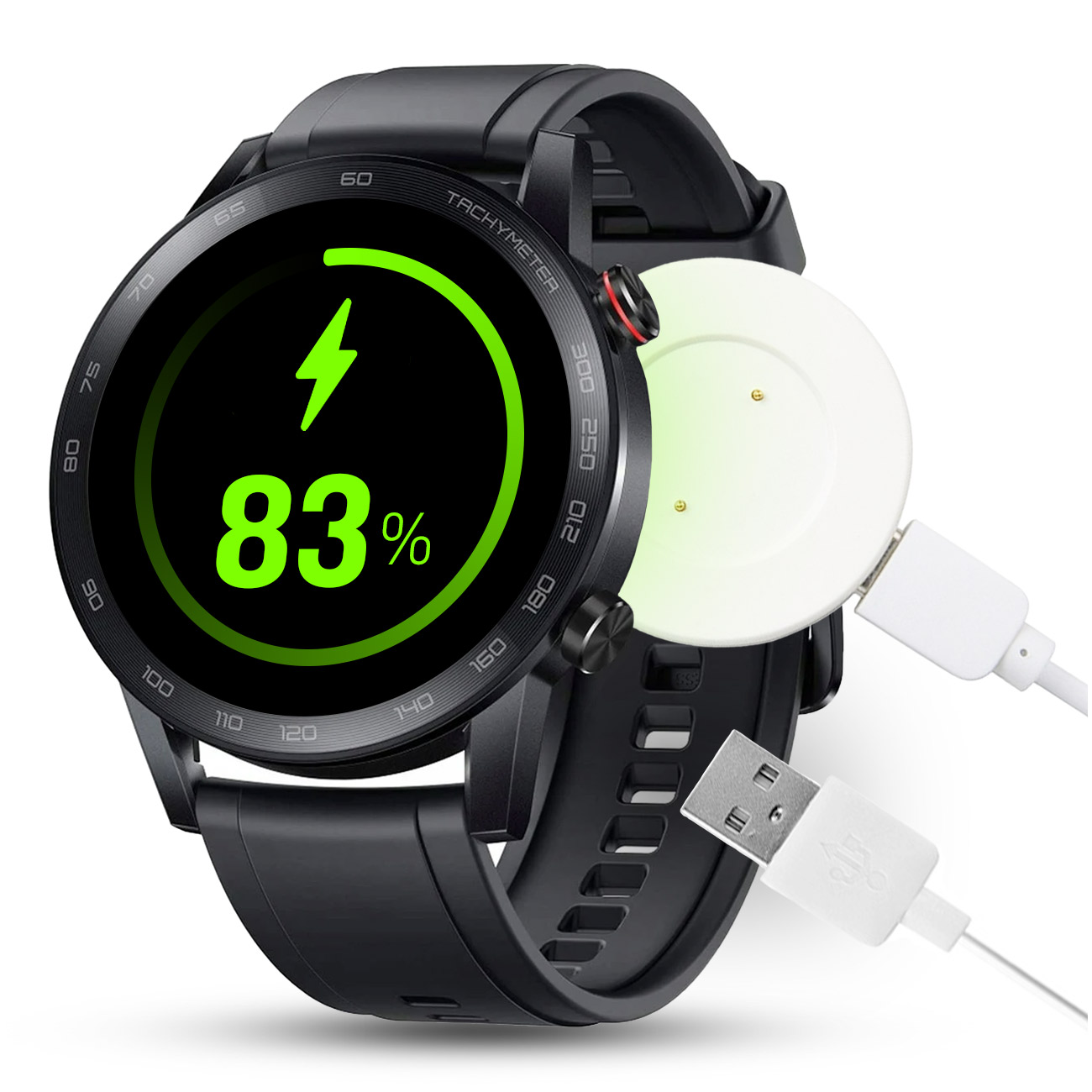 Czarny smartwatch pokazuje 83% baterii, ładuje się na białym magnetycznym dysku z kablem USB.