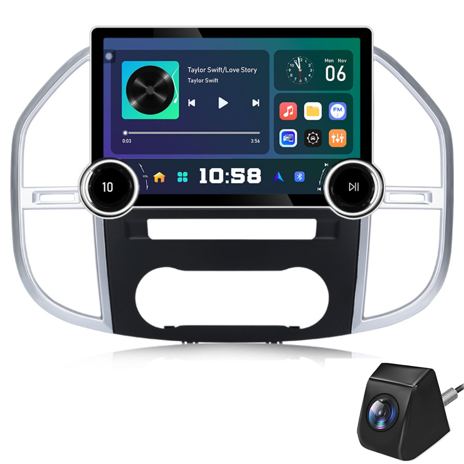 Autoradio mit Touchscreen zeigt Musik und Uhrzeit. Inklusive Rückfahrkamera.
