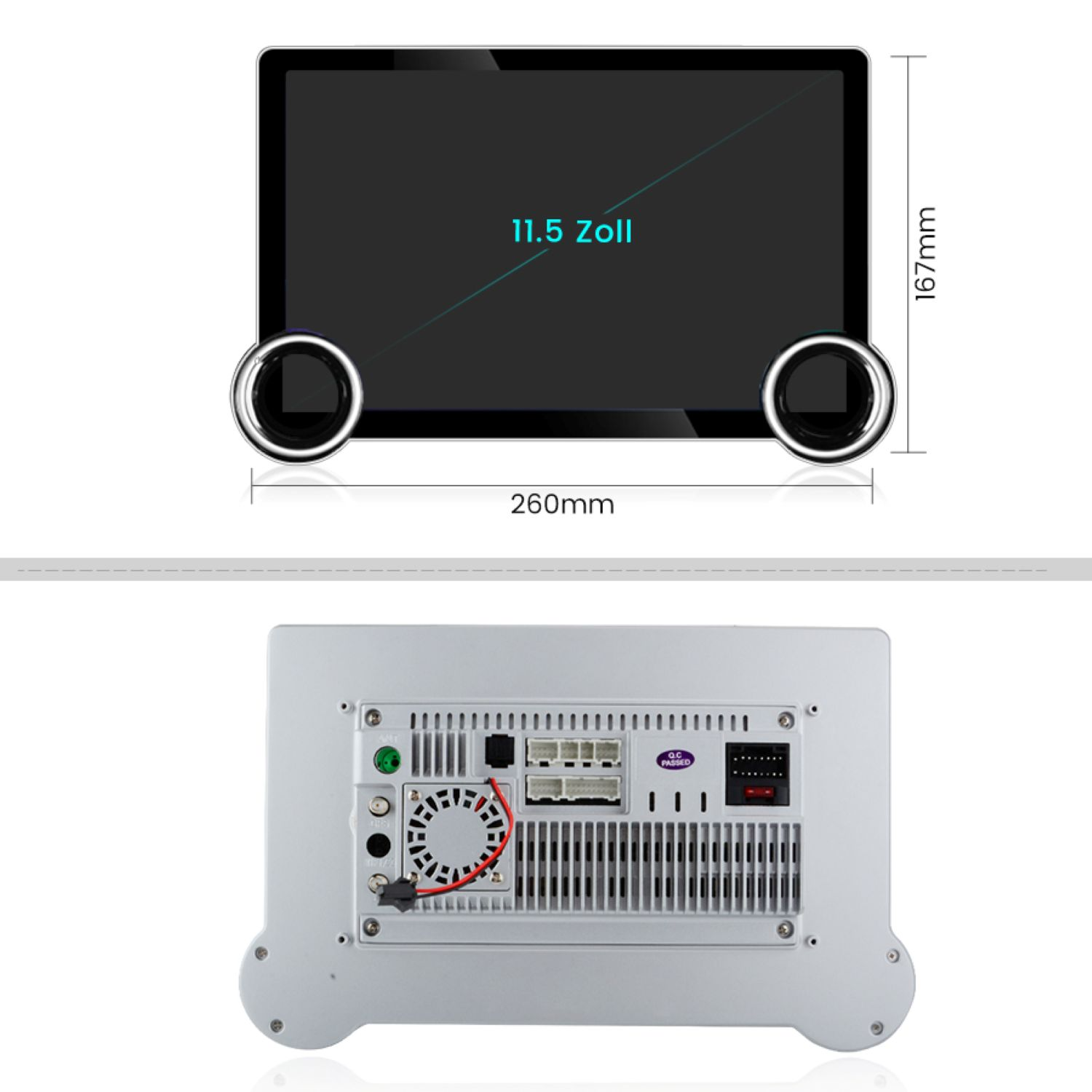 Ein Radio mit Touchscreen, Vorder- und Rückseite, Maße 260x167mm.