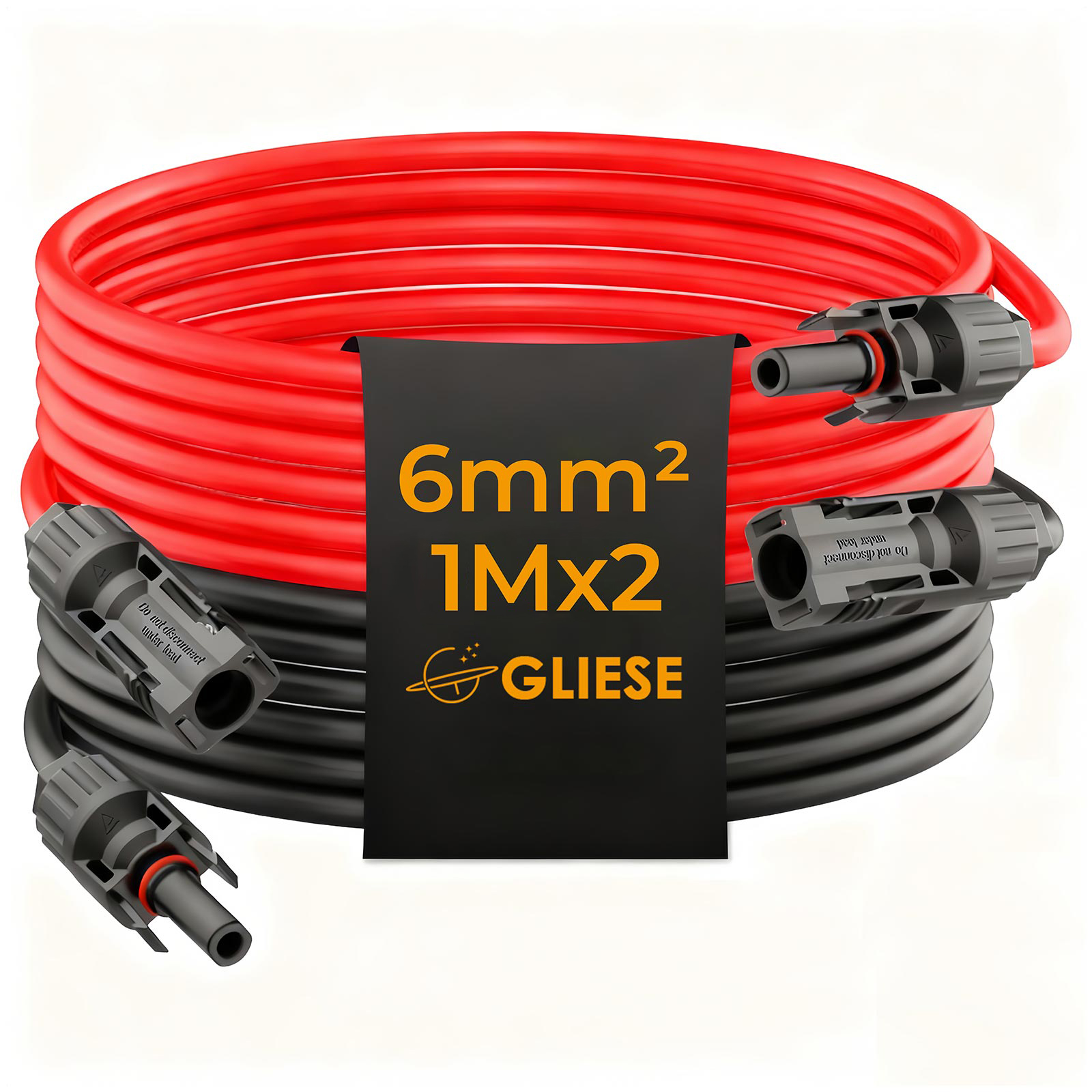 Gerolltes rotes und schwarzes Kabel mit Anschlüssen. Aufdruck: 6mm² 1Mx2 GLIESE.