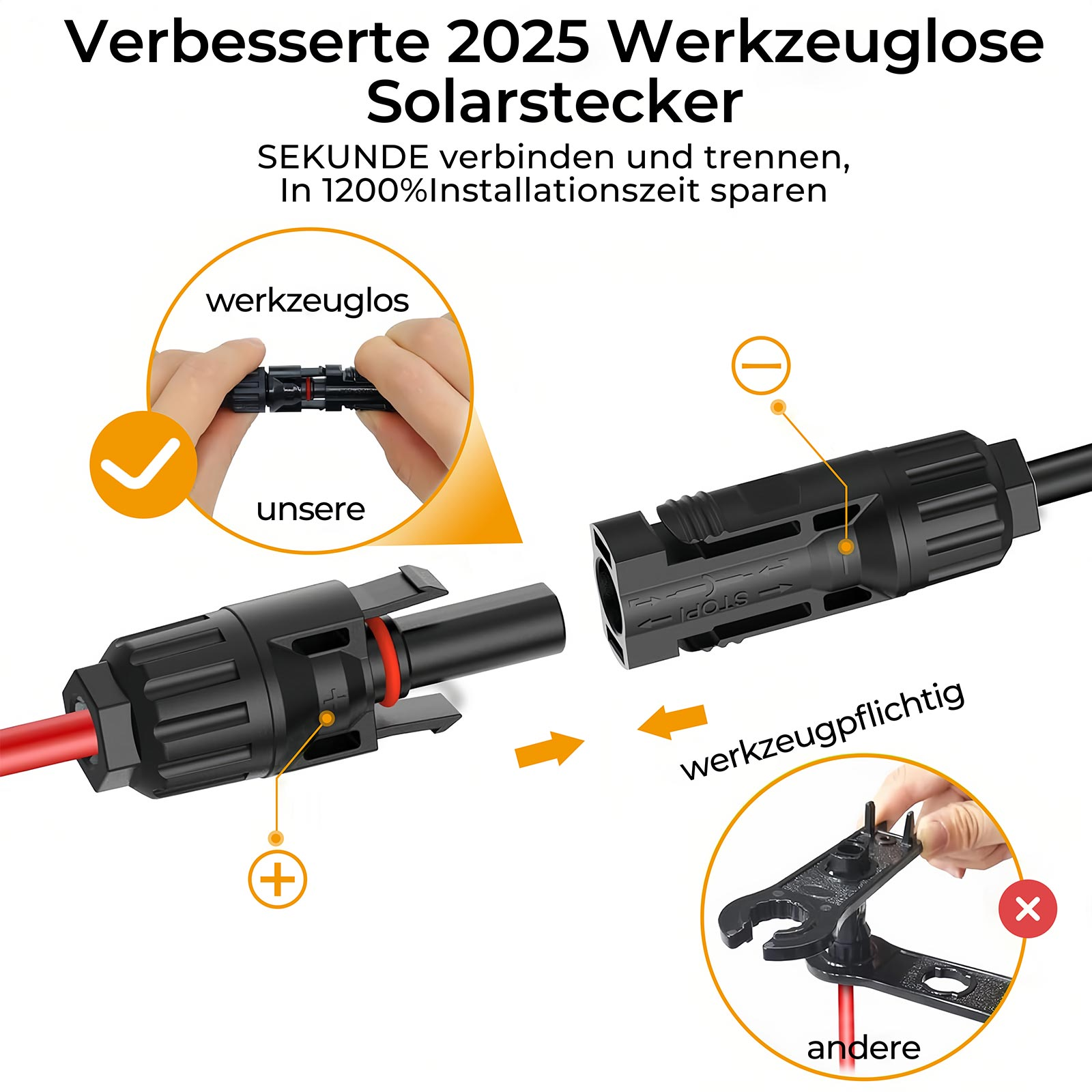 Zwei Solarstecker im Vergleich: werkzeuglos vs. werkzeugpflichtig. Ein Stecker ist rot und schwarz, der andere schwarz.