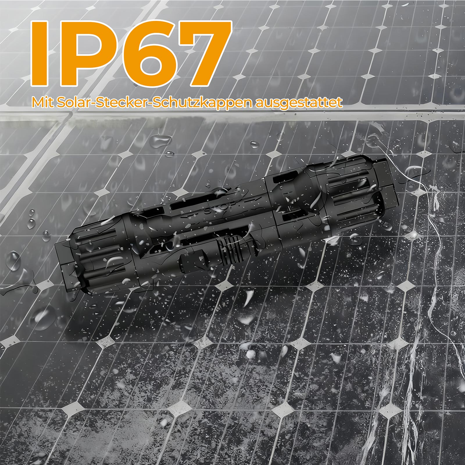 IP67 Solarstecker mit Wasserspritzern auf Solarpanel.