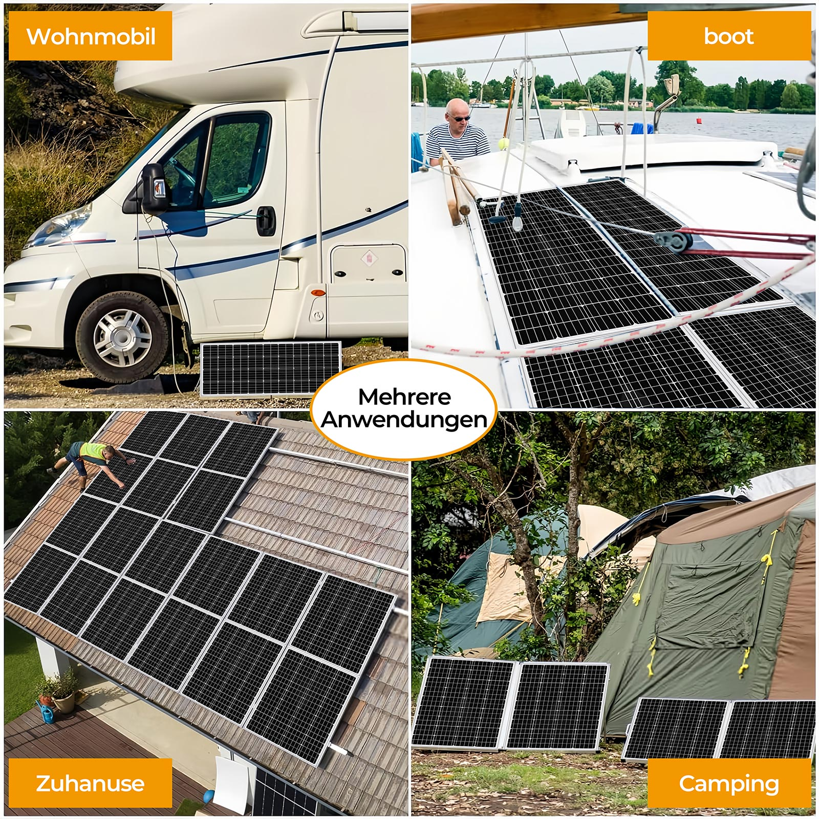 Solarpanels auf Wohnmobil, Boot, Dach und beim Camping.