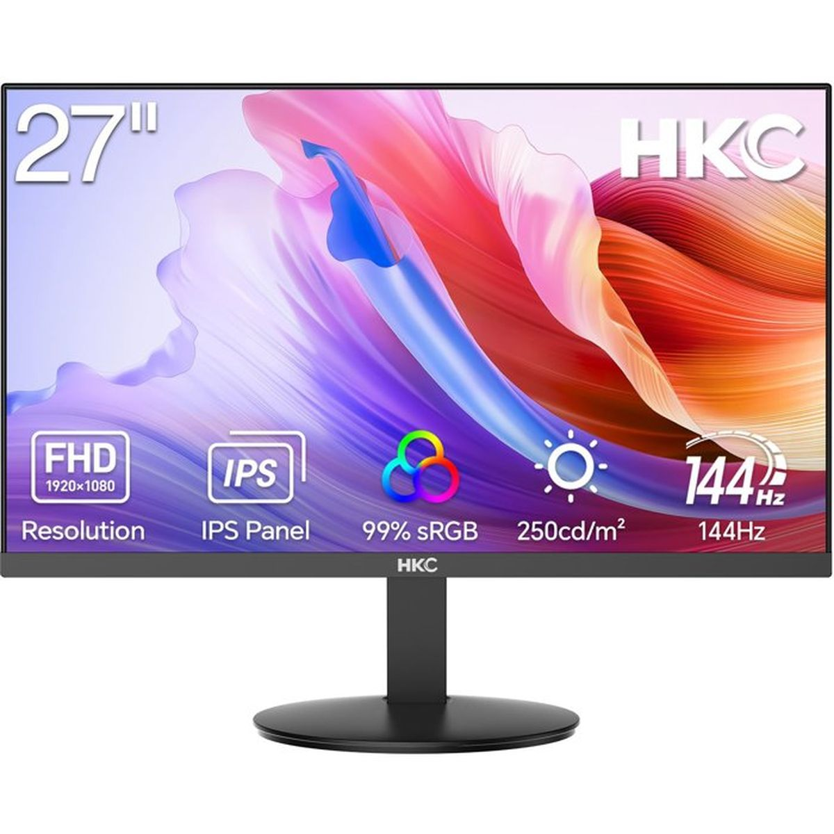 Monitor HKC 27" con risoluzione FHD, pannello IPS, 99% sRGB, frequenza 144Hz.