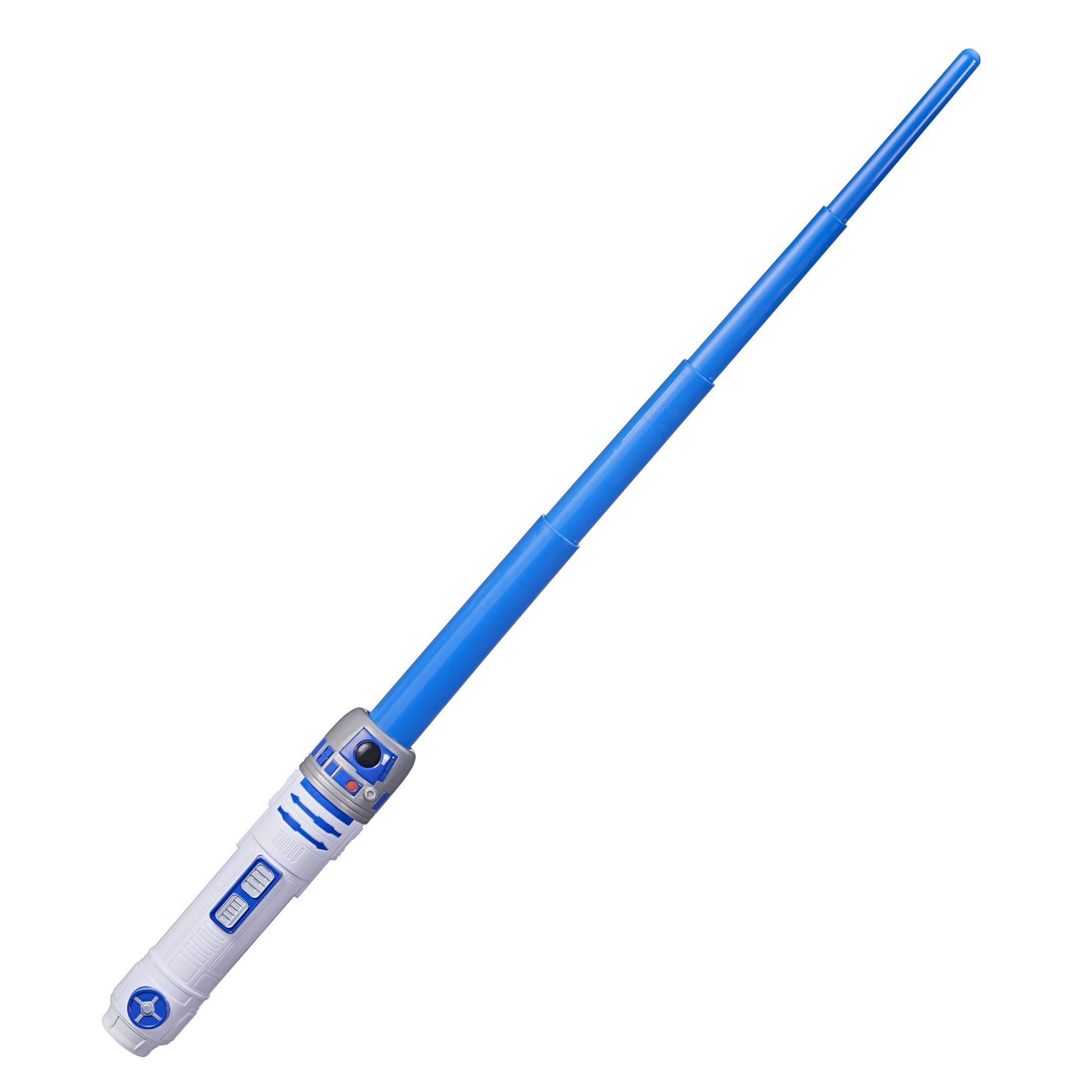 Un giocattolo spada laser blu con manico bianco e dettagli R2-D2.