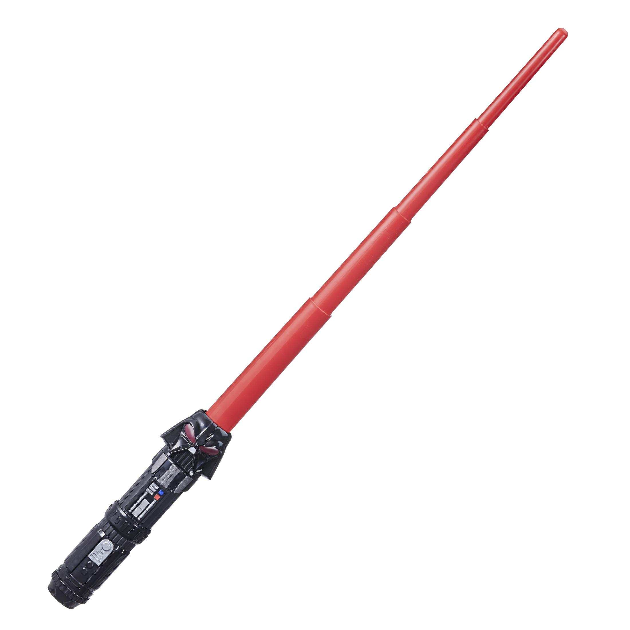Una spada laser giocattolo nera e rossa con elsa nera dettagliata, su sfondo bianco.