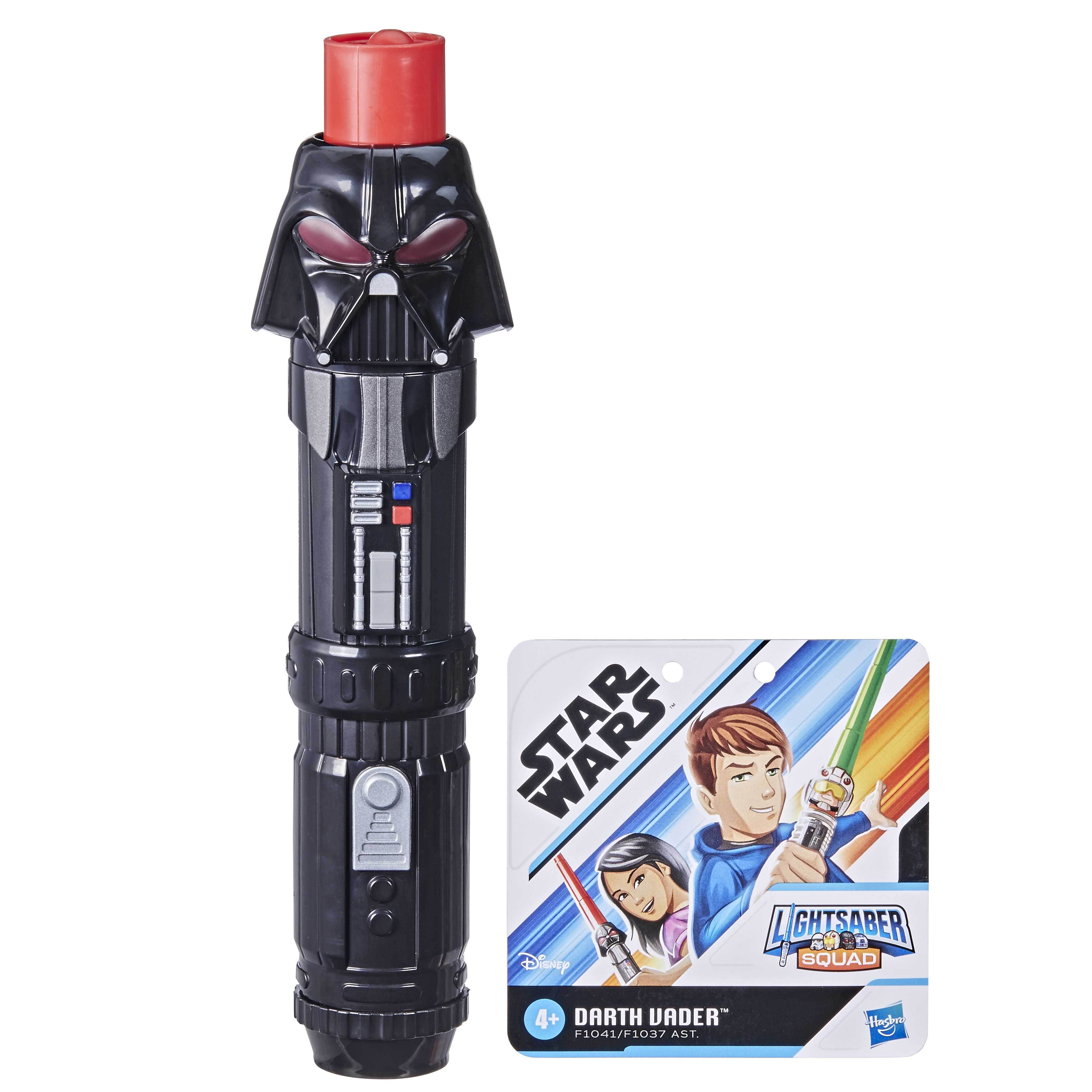 Impugnatura spada laser nera di Darth Vader con cappuccio rosso e confezione.