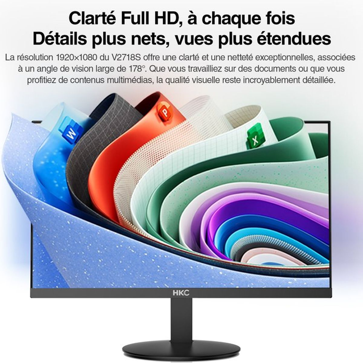 Un monitor che mostra nastri curvi e colorati con grafica W e X.