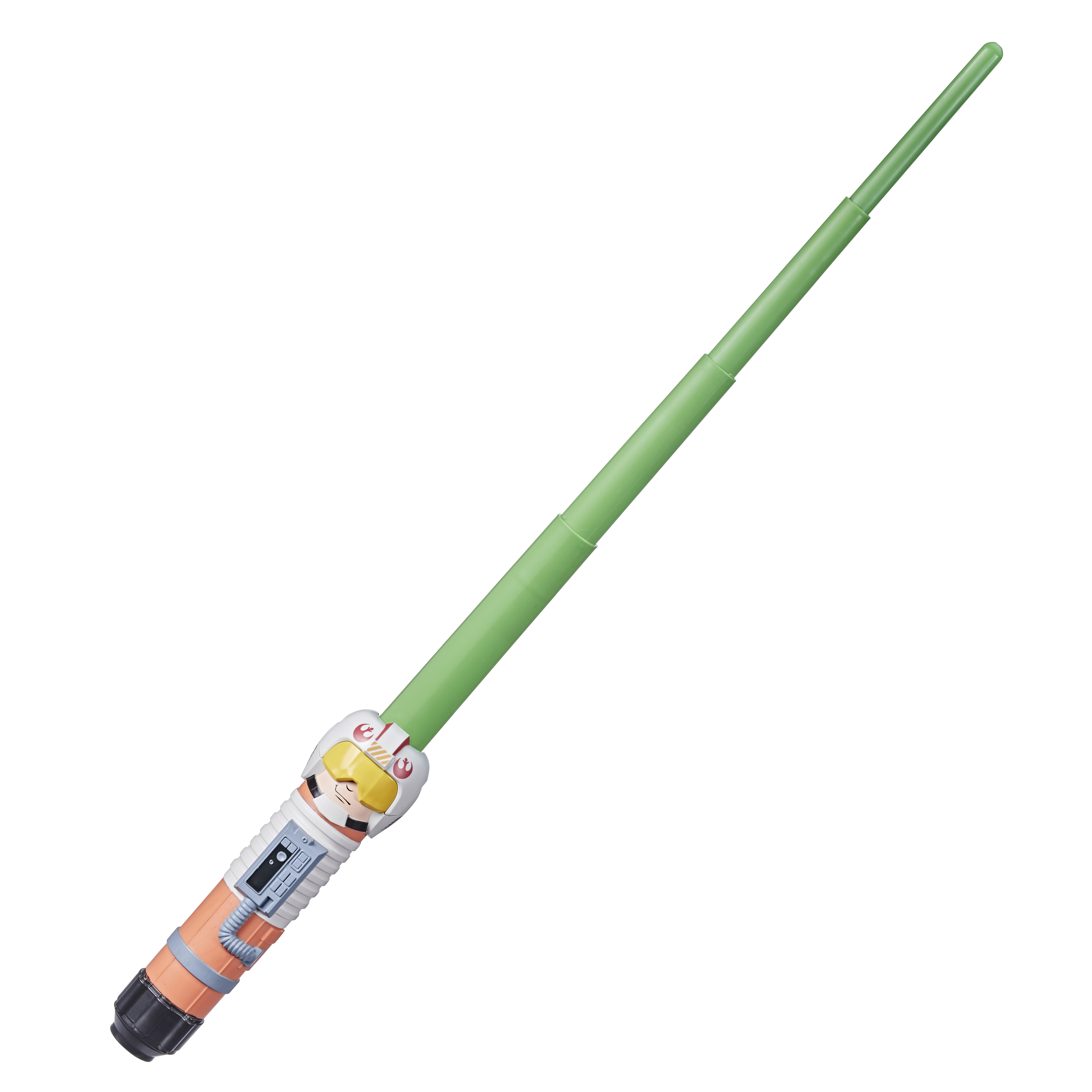 Un'elsa di spada laser verde con dettagli arancioni e una lama verde.