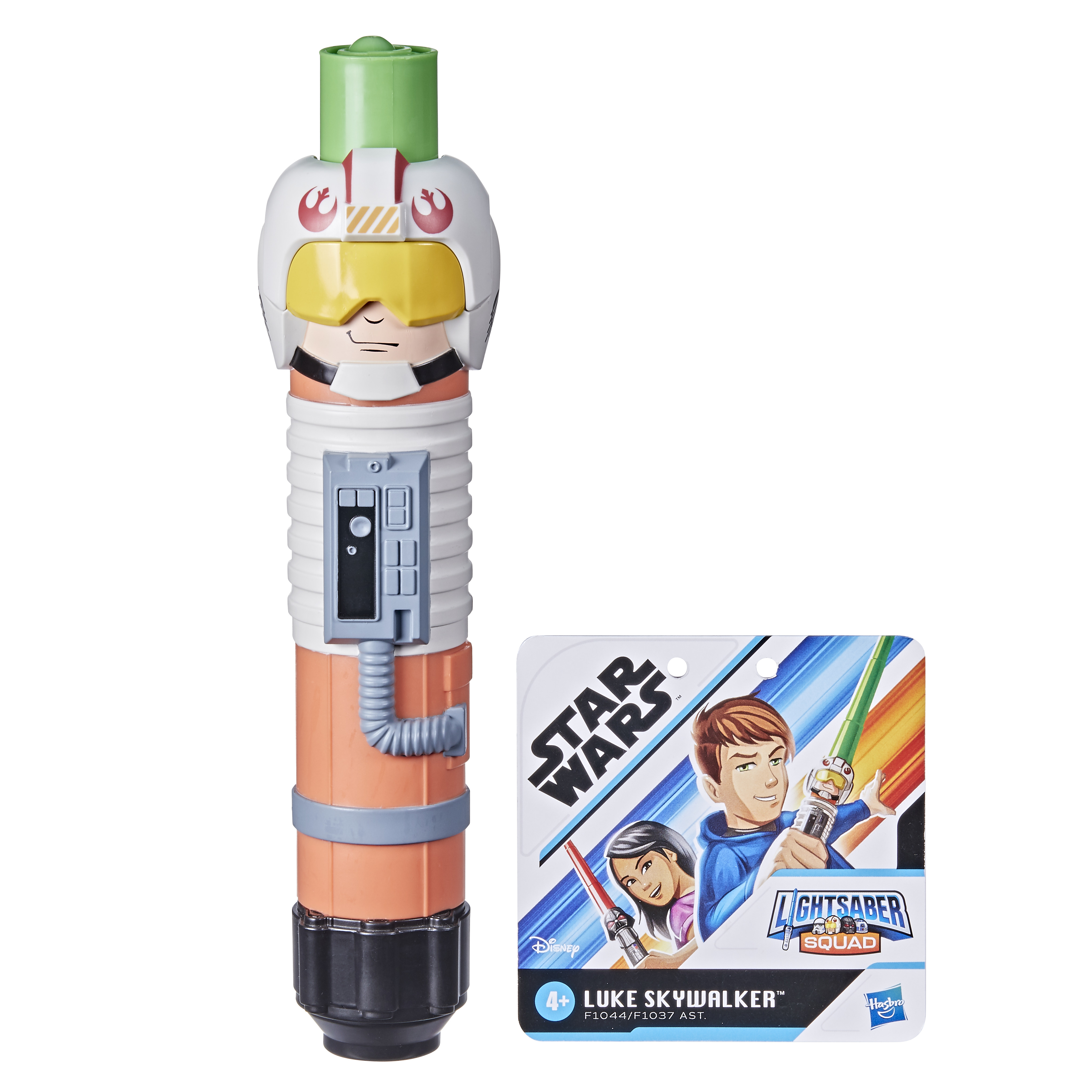 Una spada laser giocattolo di Luke Skywalker di Star Wars e confezione. Verde e arancione.